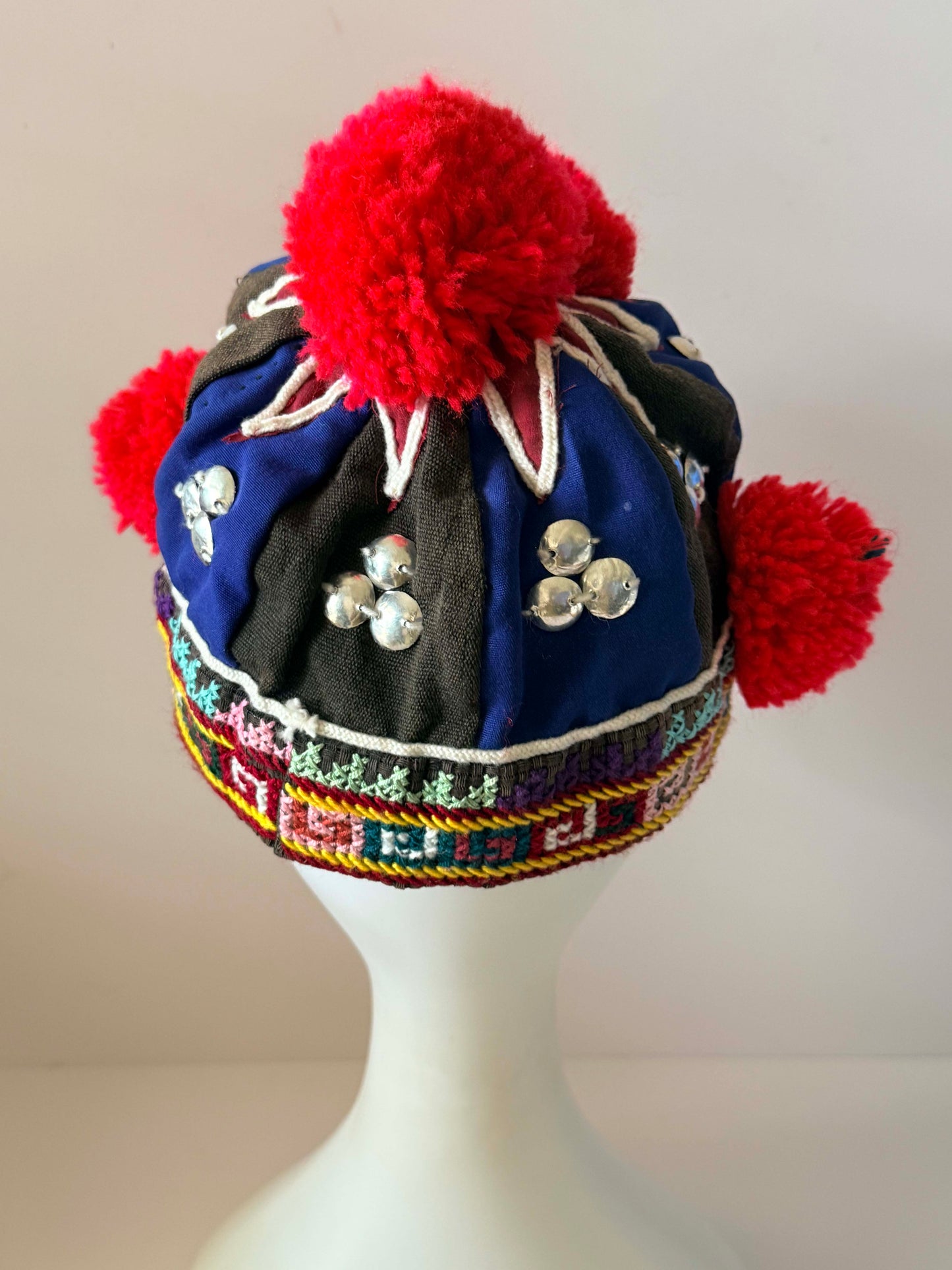 Vintage Hmong Pom Pom Hat | Handmade Tribal Embroidered Cap | Ethnic Folk Art Textile Headdress | Boho Festival Hat