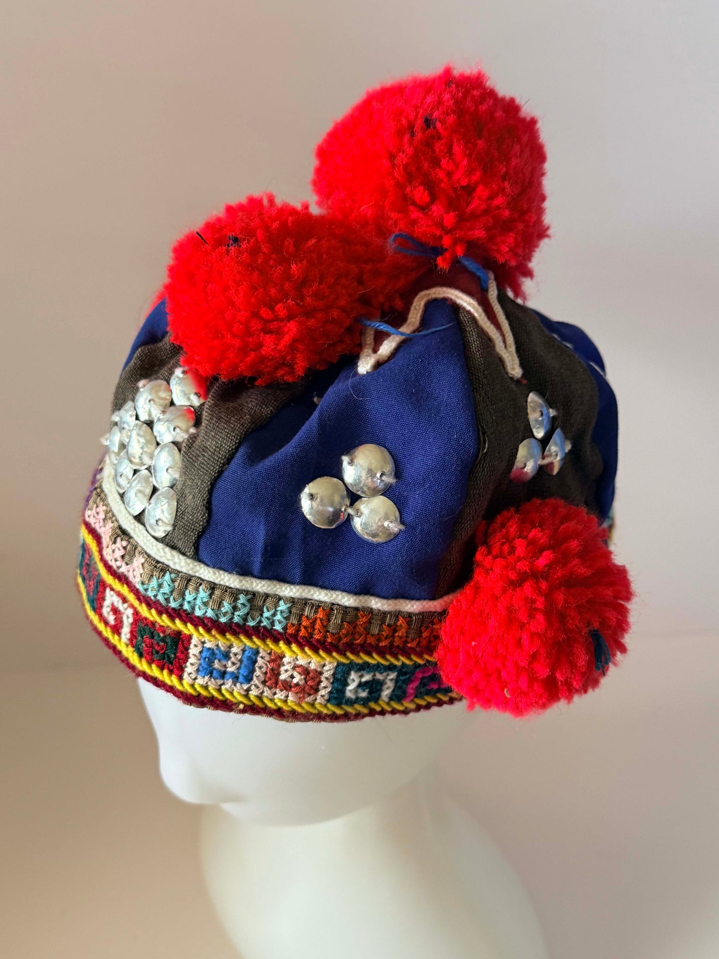 Vintage Hmong Pom Pom Hat | Handmade Tribal Embroidered Cap | Ethnic Folk Art Textile Headdress | Boho Festival Hat