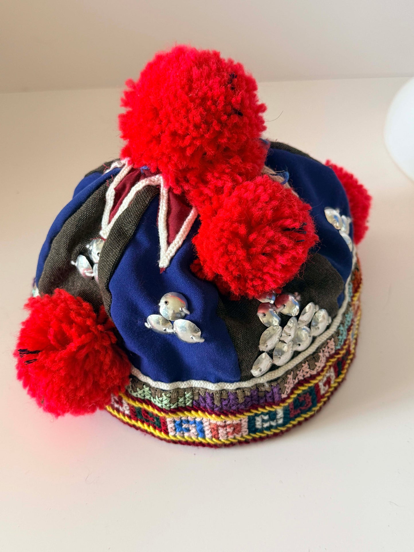 Vintage Hmong Pom Pom Hat | Handmade Tribal Embroidered Cap | Ethnic Folk Art Textile Headdress | Boho Festival Hat