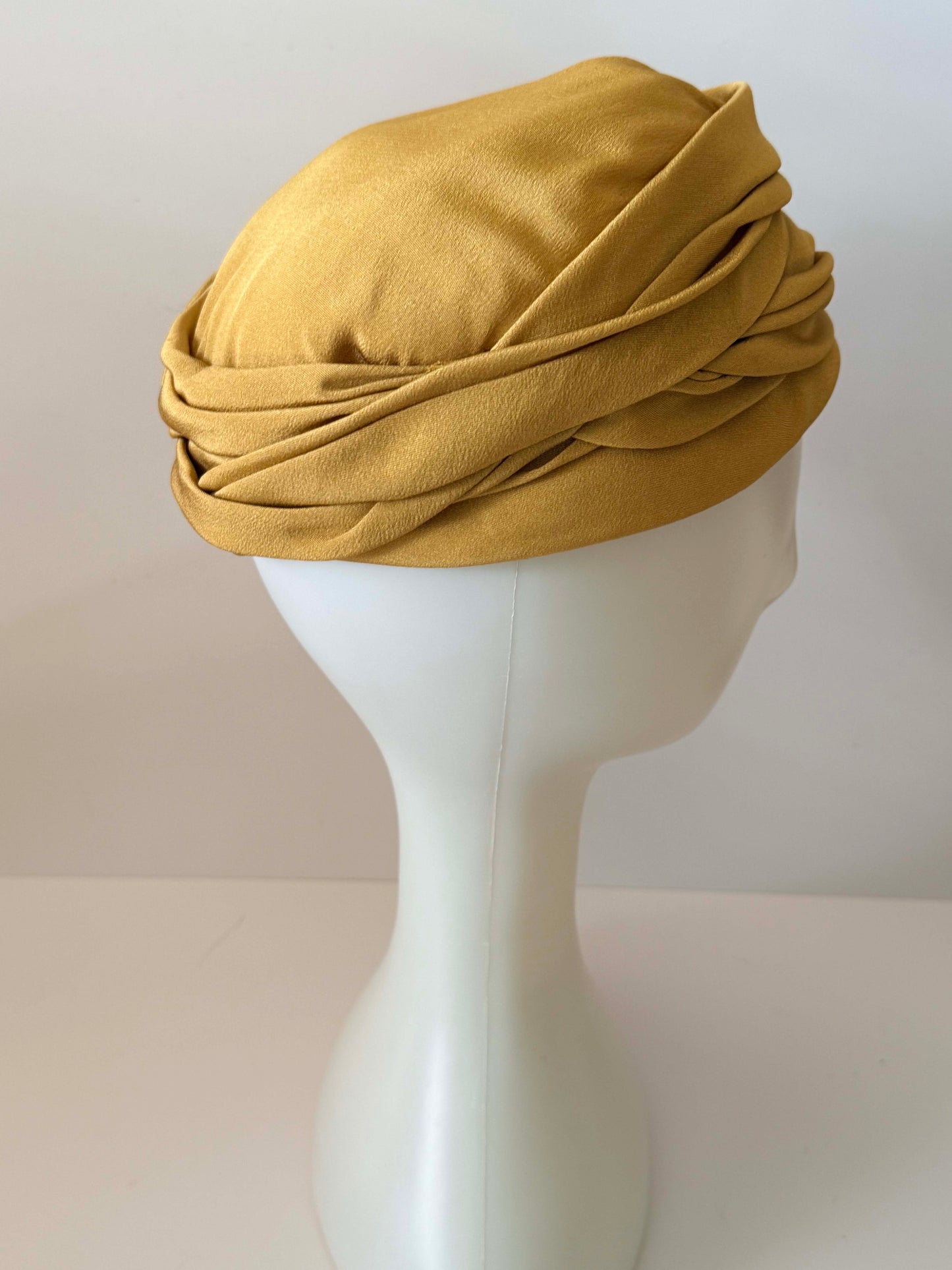 Vintage Minette Mustard Gold Draped Turban Hat – 1950s–1960s Soft Fabric Headpiece