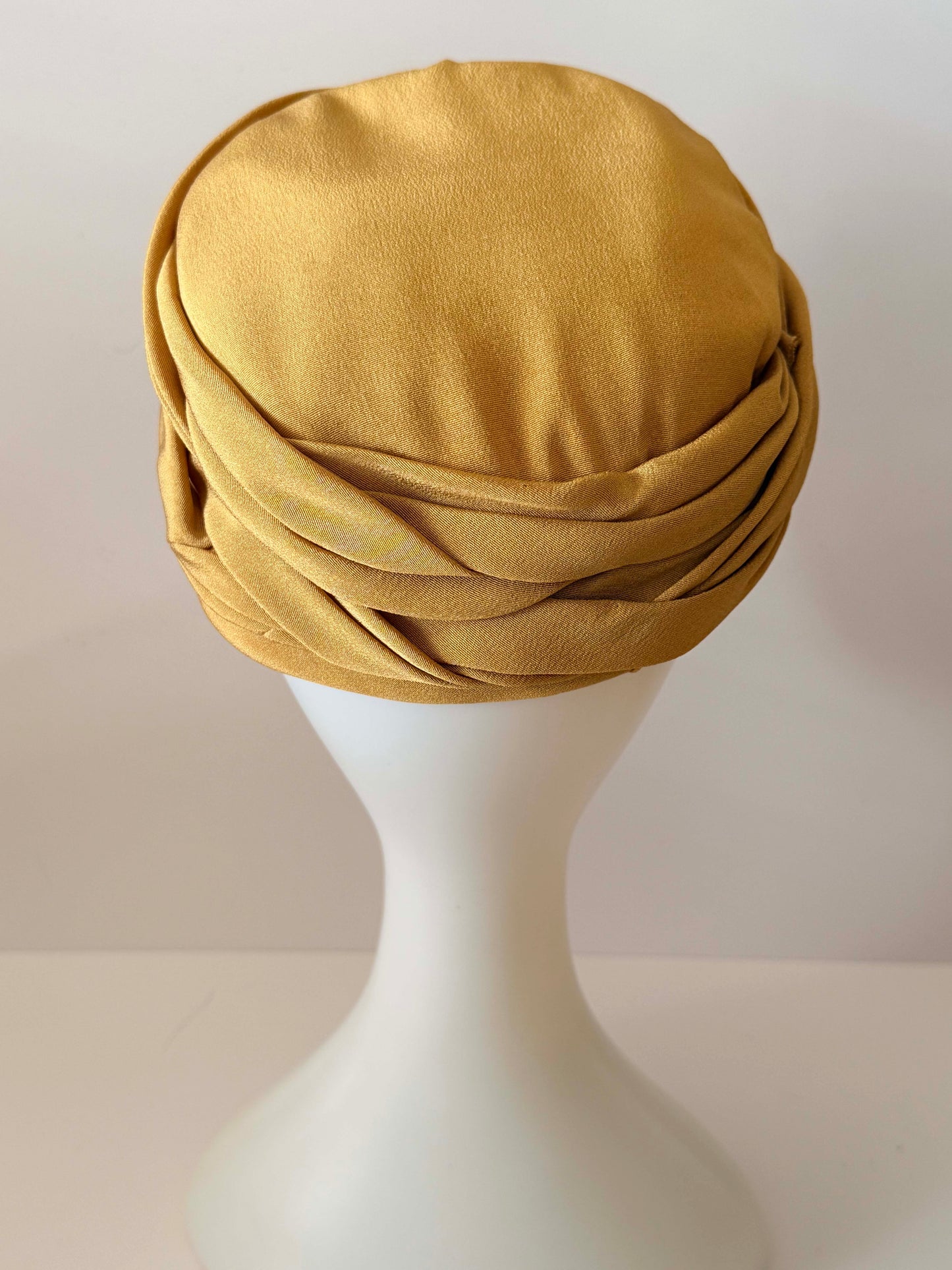 Vintage Minette Mustard Gold Draped Turban Hat – 1950s–1960s Soft Fabric Headpiece