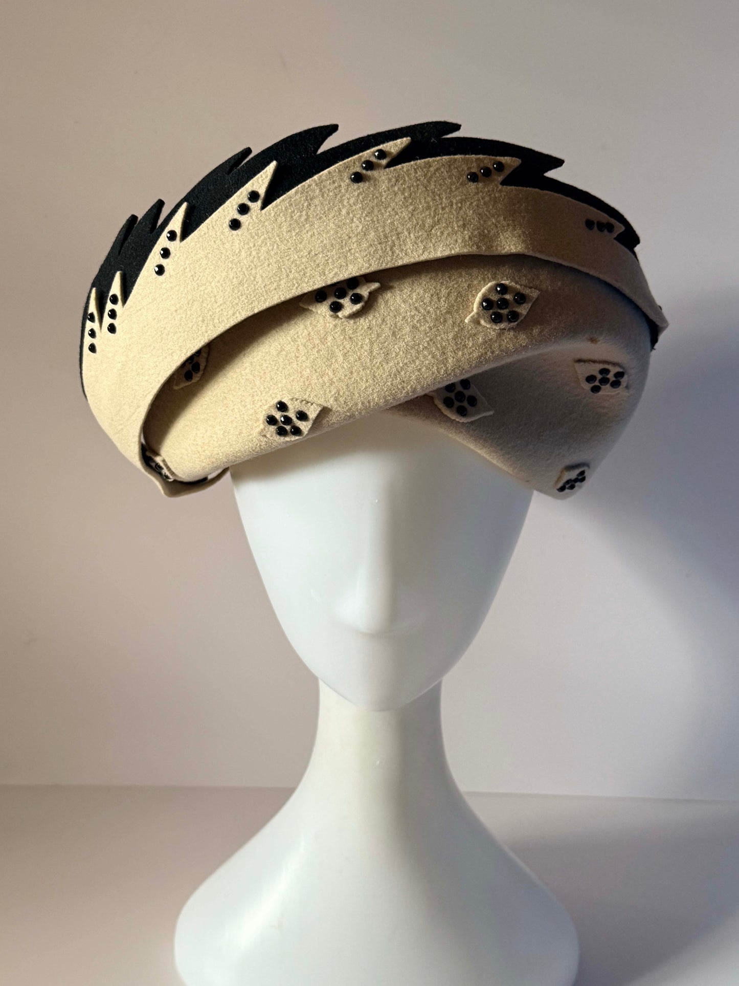 Vintage Jack McConnell Hat | Cream Wool Felt Designer Cocktail Hat | 1960s Mod Pillbox | Black Trim | New York Millinery