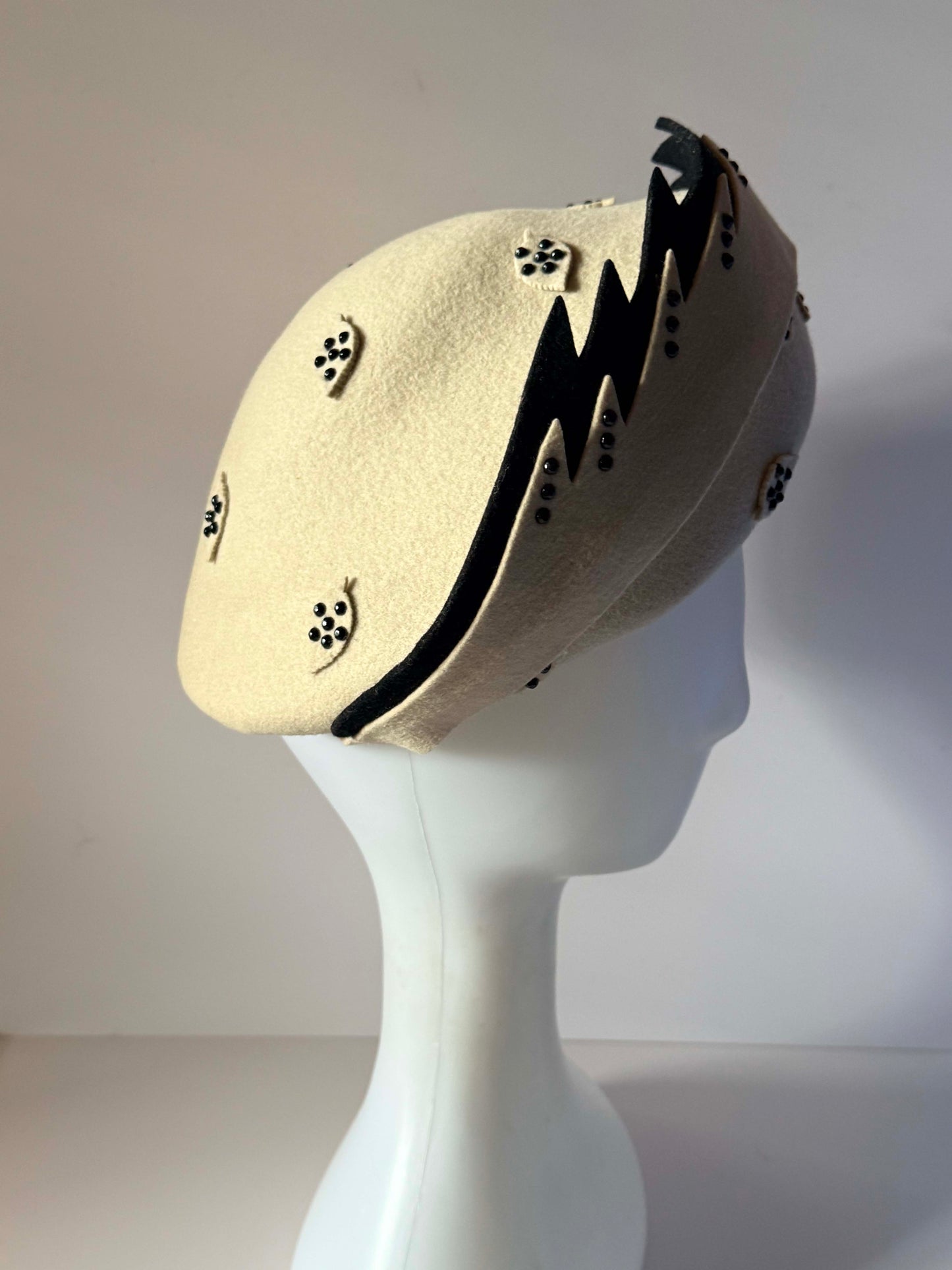 Vintage Jack McConnell Hat | Cream Wool Felt Designer Cocktail Hat | 1960s Mod Pillbox | Black Trim | New York Millinery