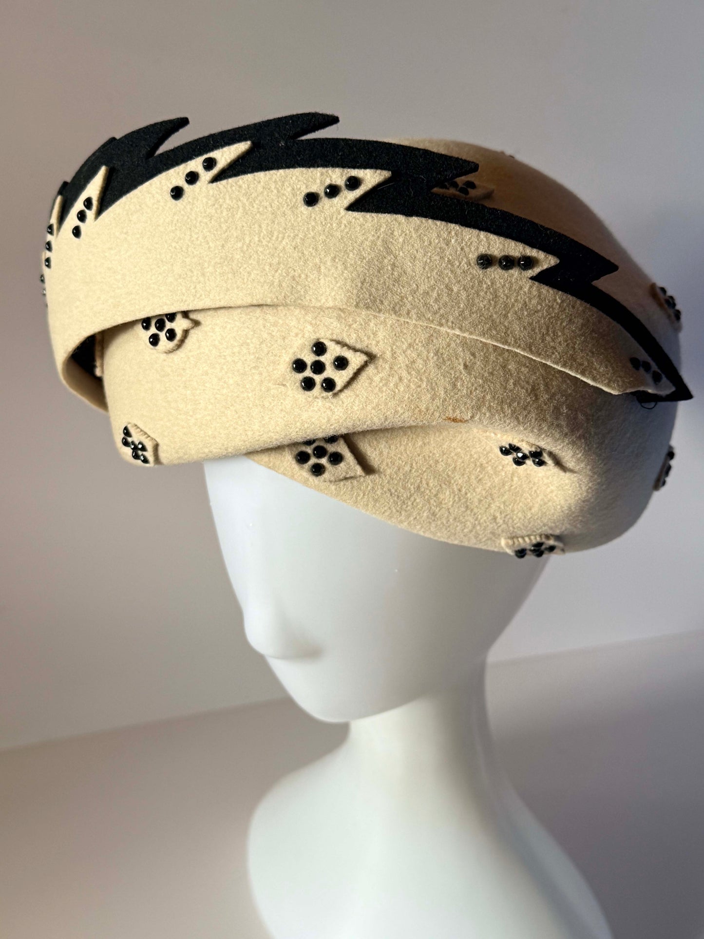 Vintage Jack McConnell Hat | Cream Wool Felt Designer Cocktail Hat | 1960s Mod Pillbox | Black Trim | New York Millinery