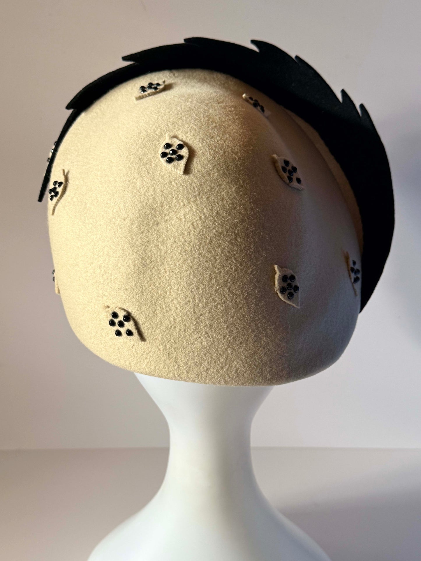 Vintage Jack McConnell Hat | Cream Wool Felt Designer Cocktail Hat | 1960s Mod Pillbox | Black Trim | New York Millinery