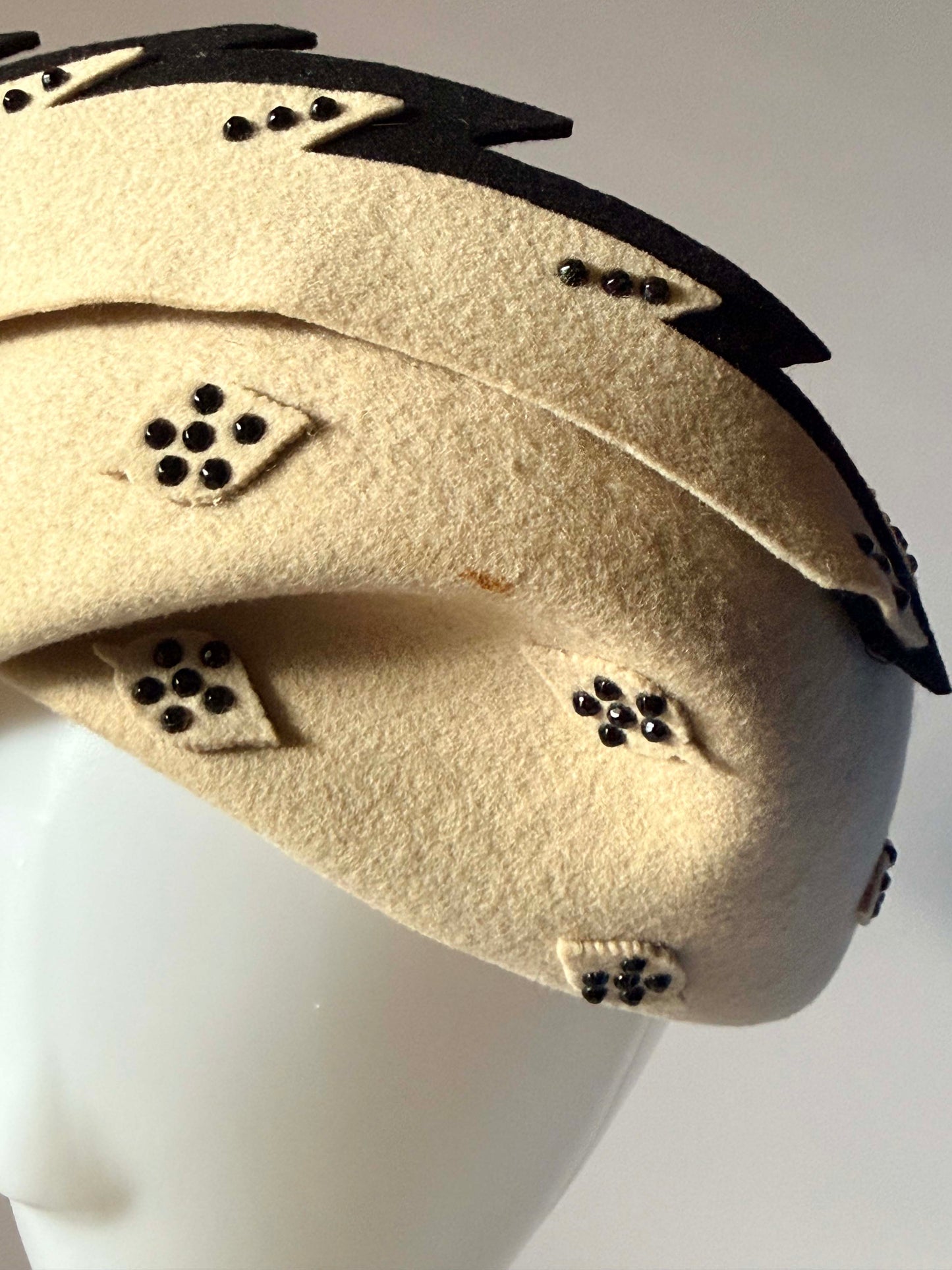 Vintage Jack McConnell Hat | Cream Wool Felt Designer Cocktail Hat | 1960s Mod Pillbox | Black Trim | New York Millinery