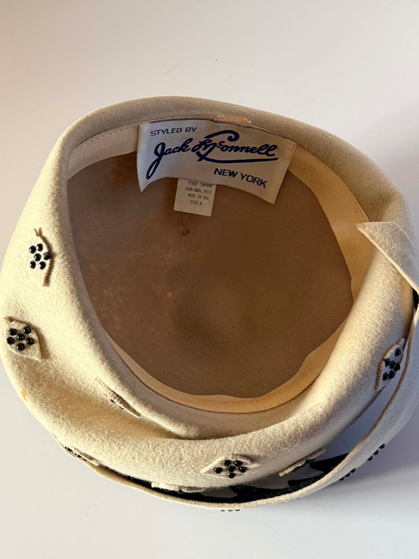Vintage Jack McConnell Hat | Cream Wool Felt Designer Cocktail Hat | 1960s Mod Pillbox | Black Trim | New York Millinery