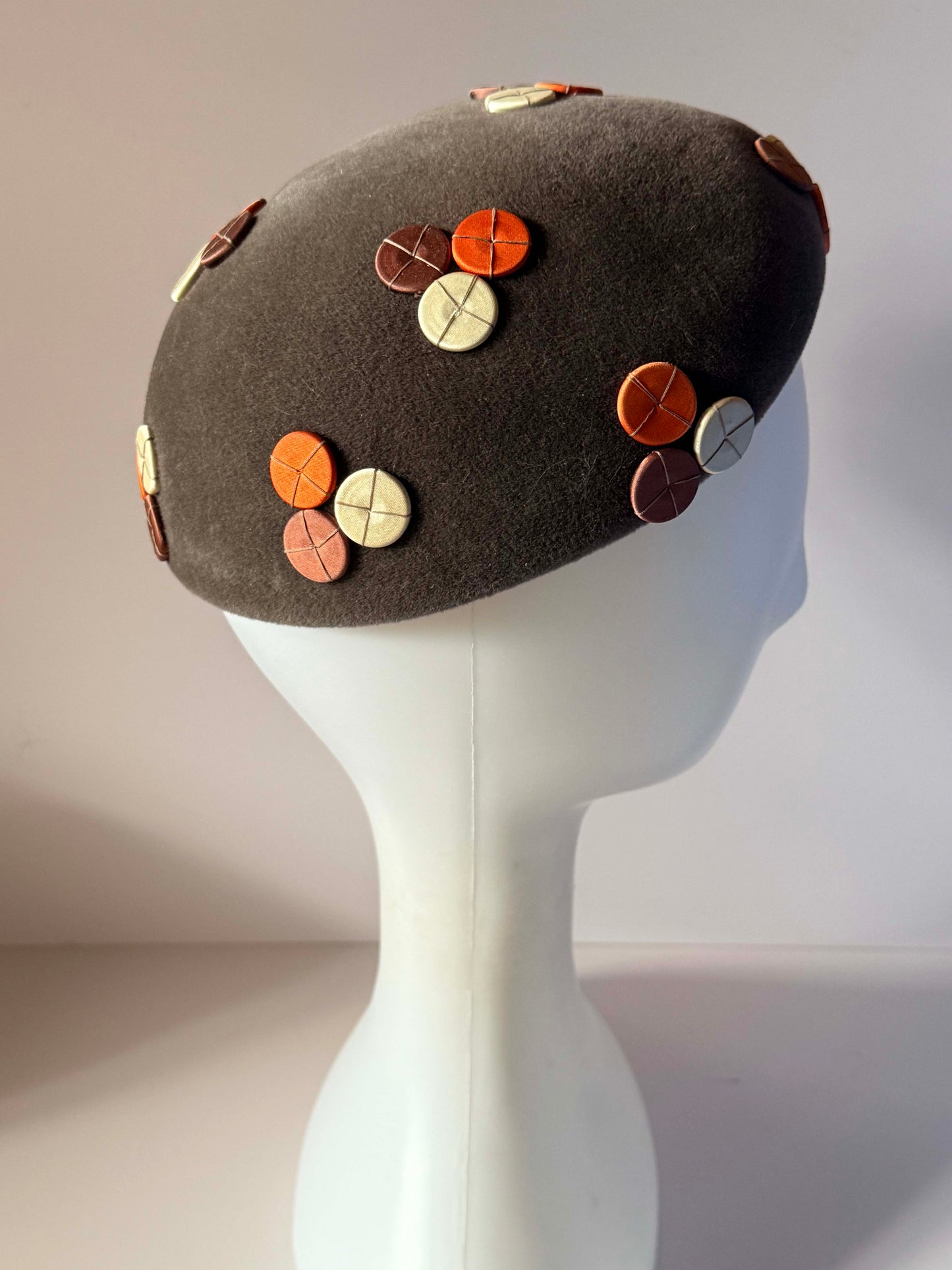 Vintage Schiaparelli Paris Hat | Gray Wool Felt Pillbox | Satin Appliqué Designer Hat | 1960s Couture Millinery