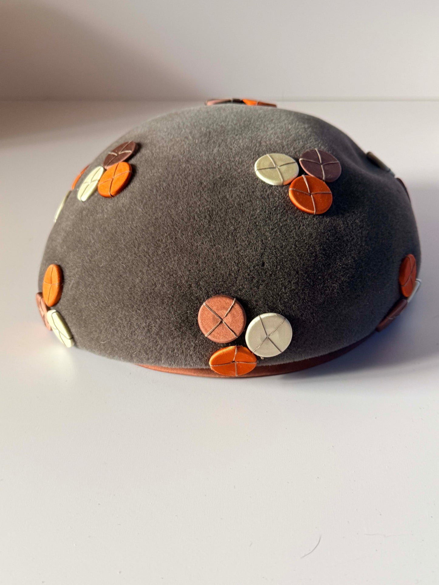 Vintage Schiaparelli Paris Hat | Gray Wool Felt Pillbox | Satin Appliqué Designer Hat | 1960s Couture Millinery