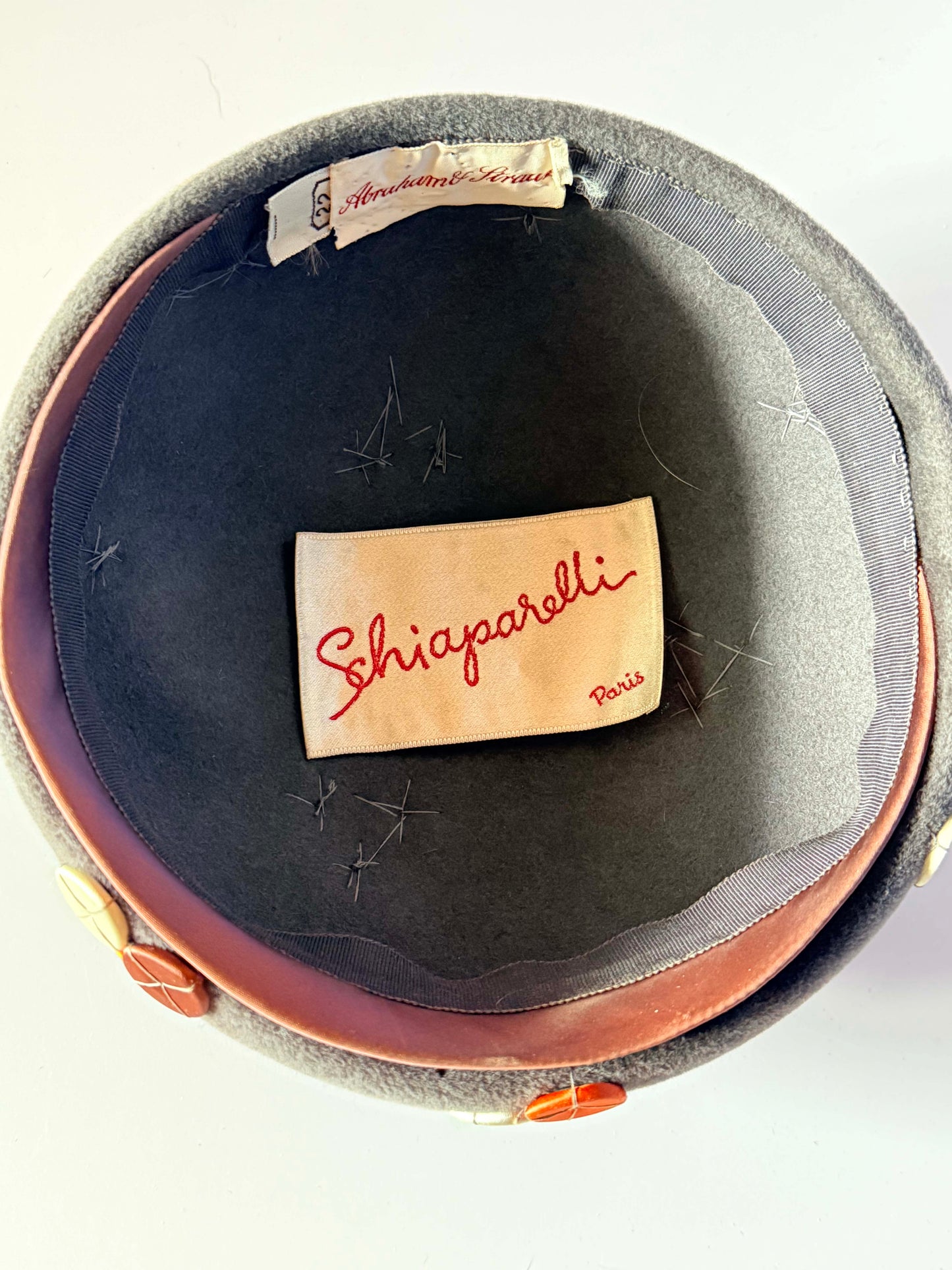 Vintage Schiaparelli Paris Hat | Gray Wool Felt Pillbox | Satin Appliqué Designer Hat | 1960s Couture Millinery