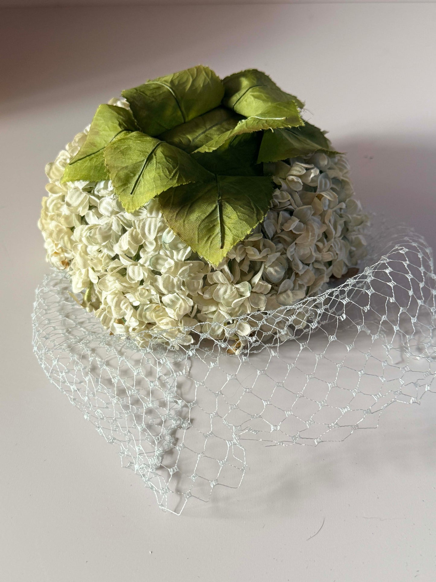Vintage Floral Veiled Pillbox Hat | Ivory Hydrangea Bridal Hat | Mid Century Wedding Hat | 1950s 1960s Vintage Millinery