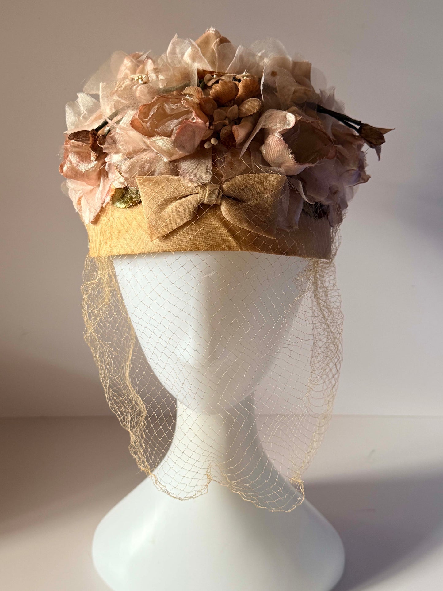 Vintage Blush Pink Floral Pillbox Hat | Rose Bridal Hat with Birdcage Veil | 1950s 1960s Wedding Hat | Vintage Millinery