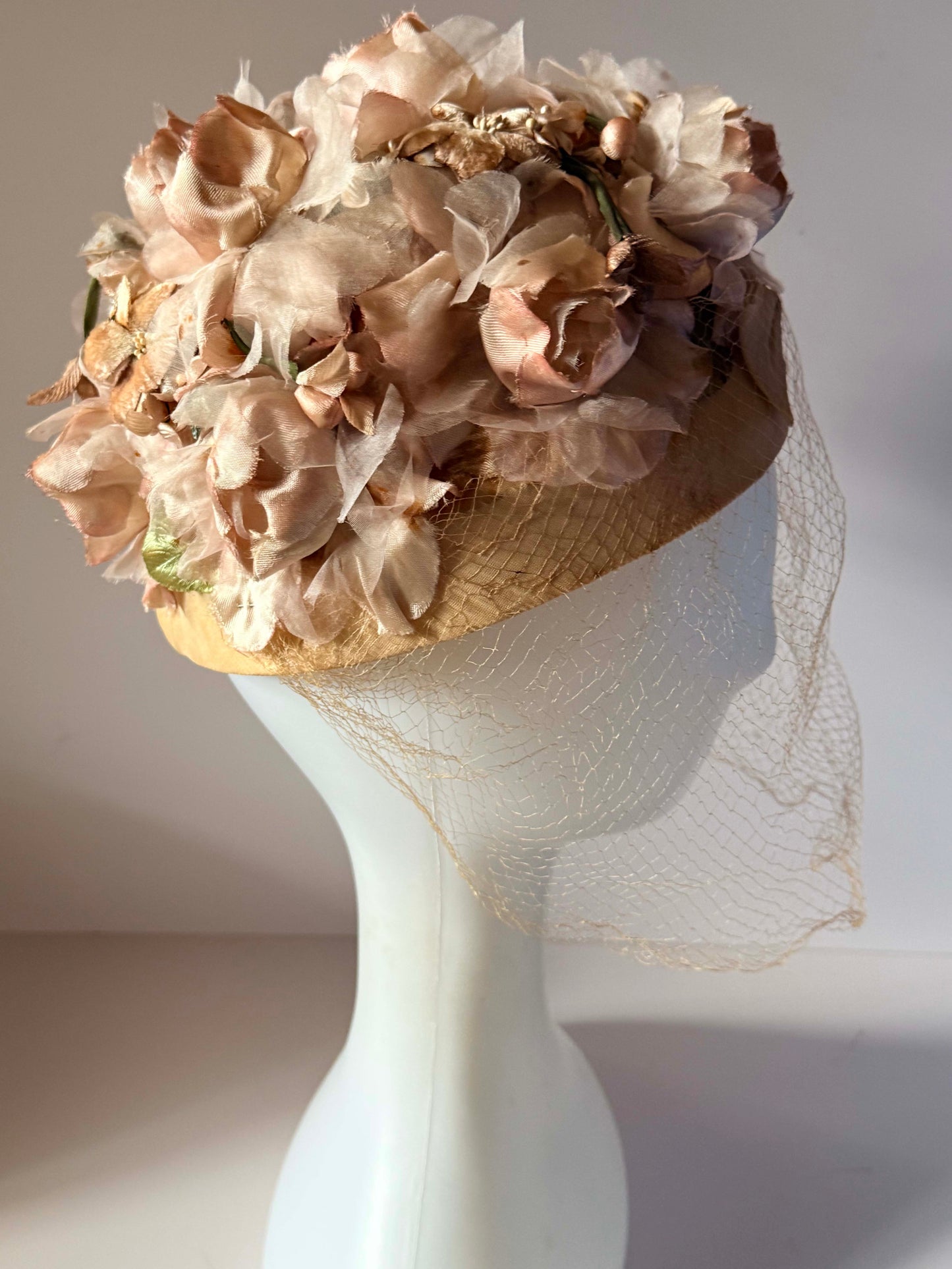 Vintage Blush Pink Floral Pillbox Hat | Rose Bridal Hat with Birdcage Veil | 1950s 1960s Wedding Hat | Vintage Millinery