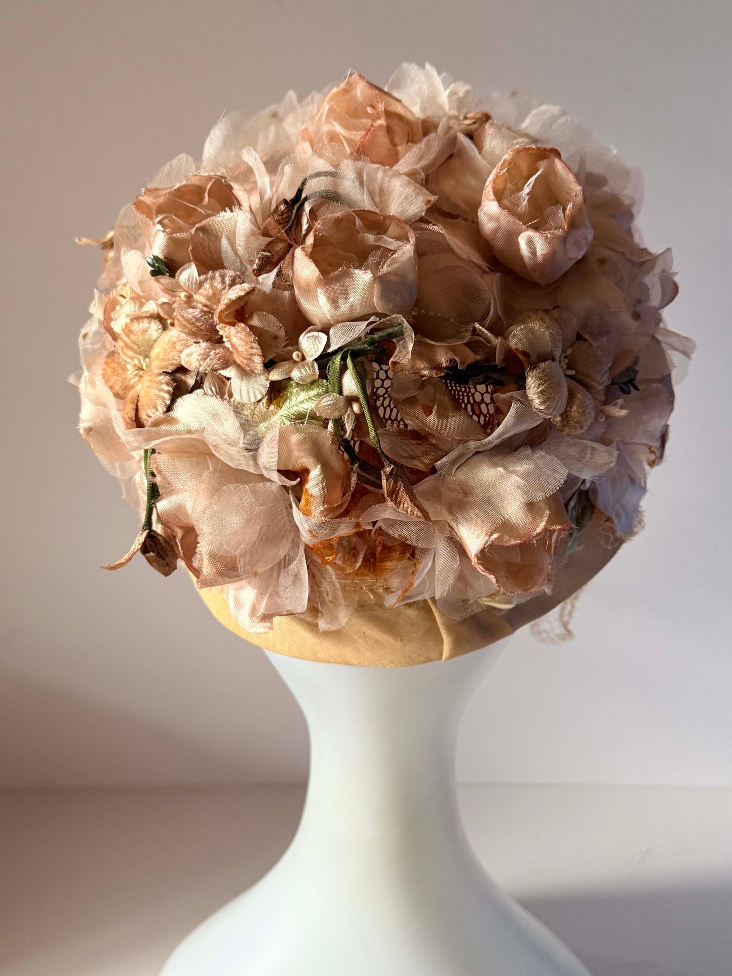 Vintage Blush Pink Floral Pillbox Hat | Rose Bridal Hat with Birdcage Veil | 1950s 1960s Wedding Hat | Vintage Millinery