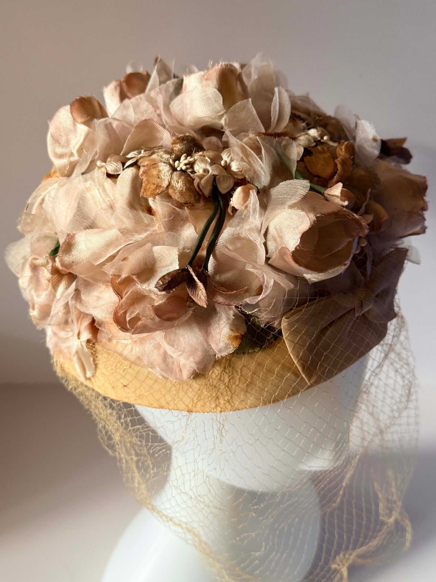 Vintage Blush Pink Floral Pillbox Hat | Rose Bridal Hat with Birdcage Veil | 1950s 1960s Wedding Hat | Vintage Millinery
