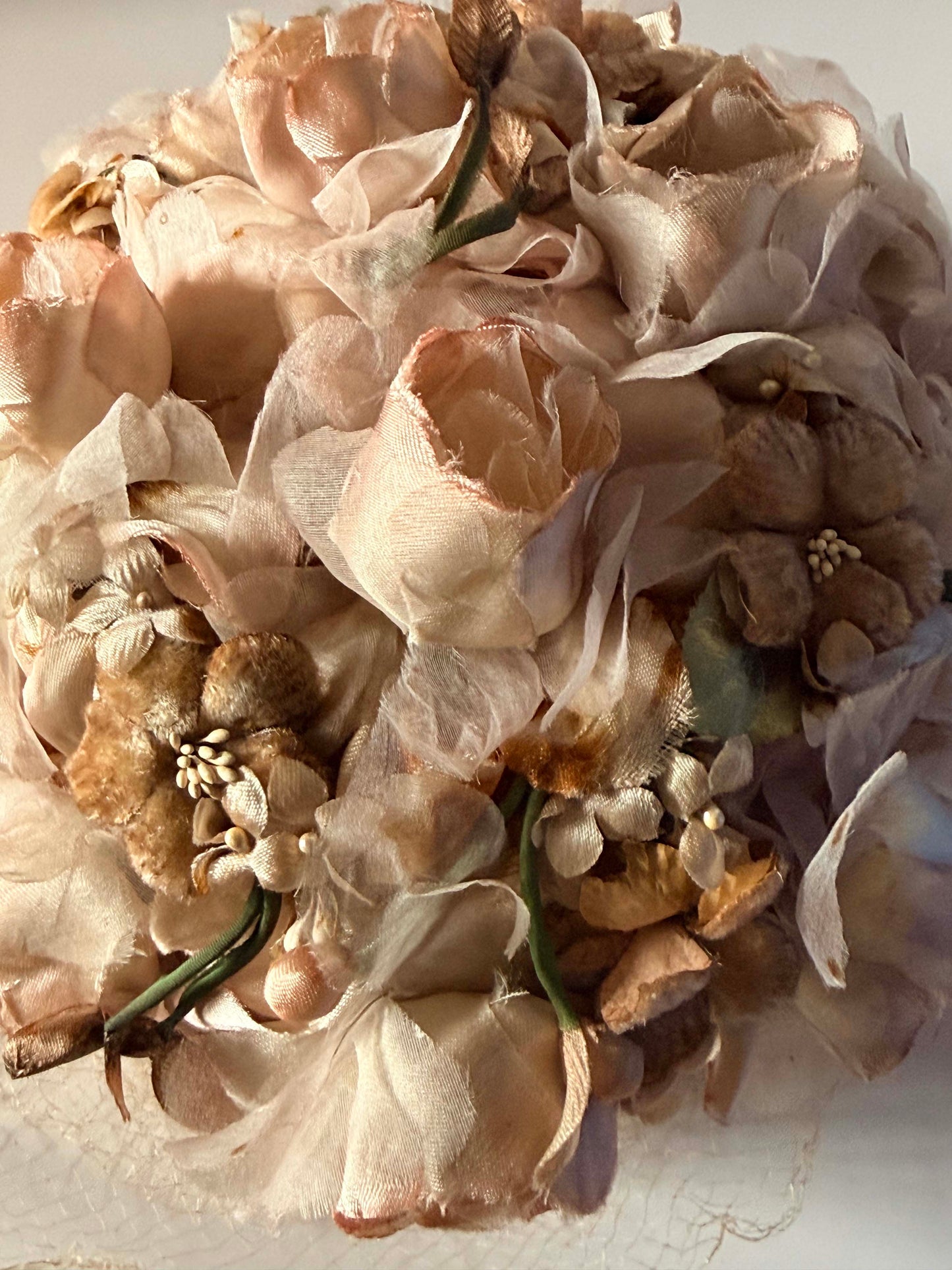 Vintage Blush Pink Floral Pillbox Hat | Rose Bridal Hat with Birdcage Veil | 1950s 1960s Wedding Hat | Vintage Millinery