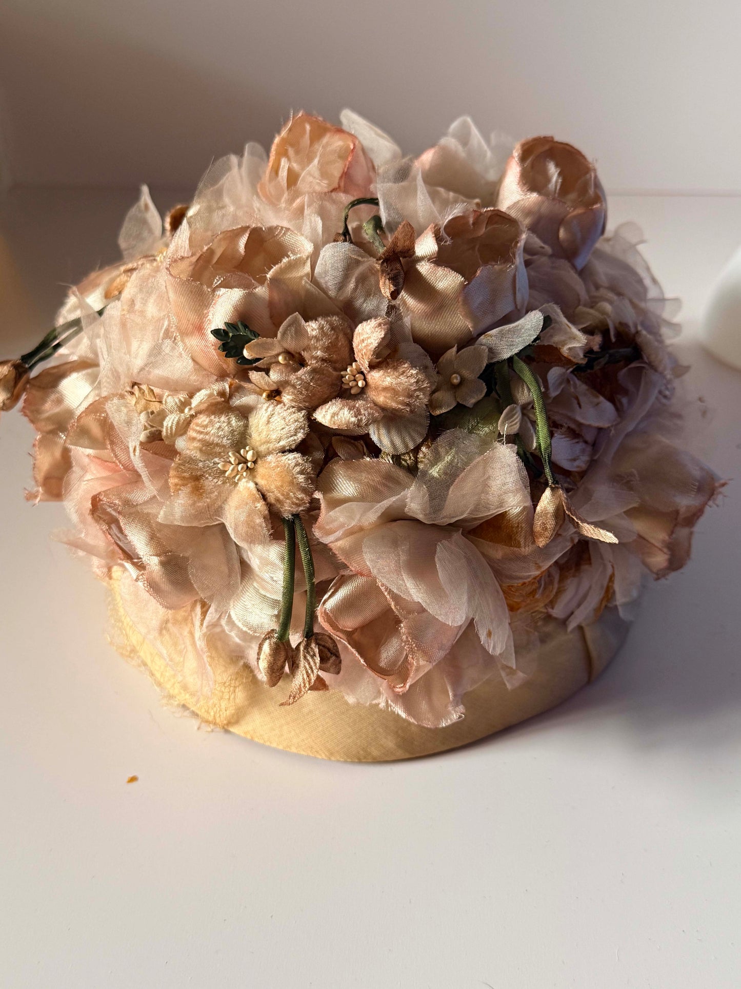 Vintage Blush Pink Floral Pillbox Hat | Rose Bridal Hat with Birdcage Veil | 1950s 1960s Wedding Hat | Vintage Millinery