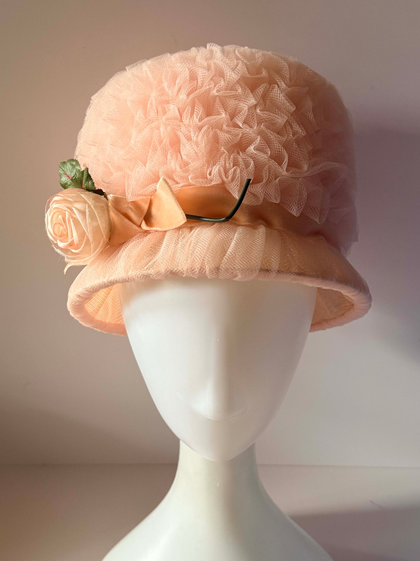 Vintage Clover Lane Pink Tulle Cloche Hat | Blush Ruffle Bucket Hat with Satin Rose | 1980s Romantic Occasion Hat