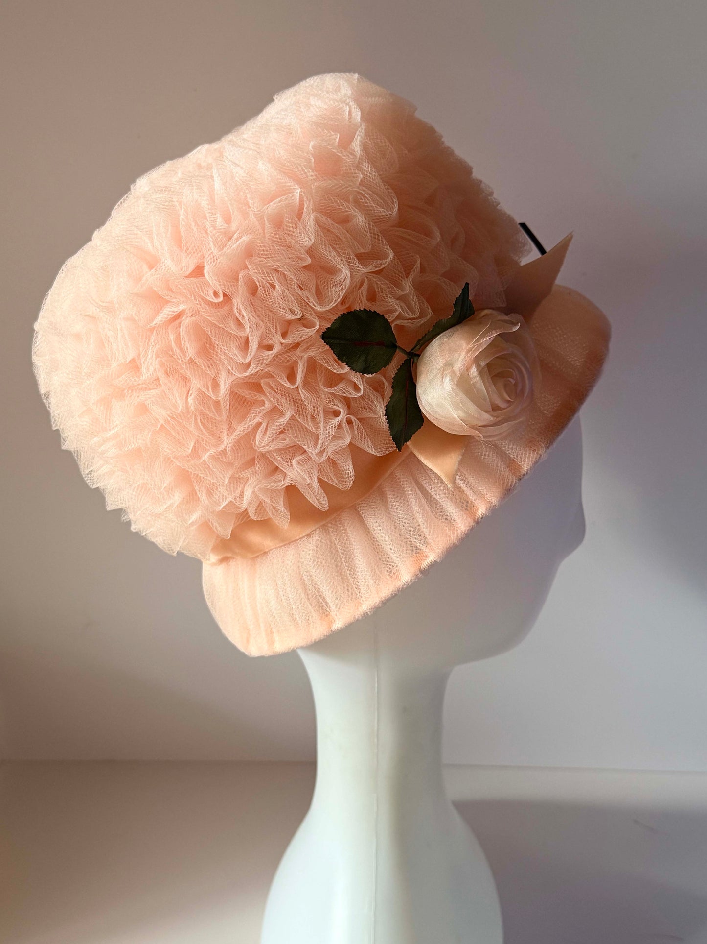 Vintage Clover Lane Pink Tulle Cloche Hat | Blush Ruffle Bucket Hat with Satin Rose | 1980s Romantic Occasion Hat