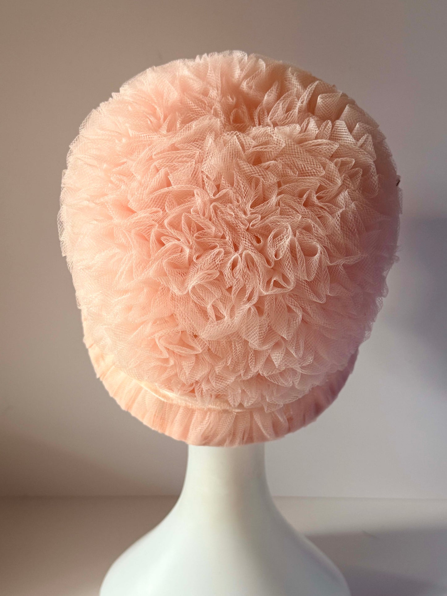 Vintage Clover Lane Pink Tulle Cloche Hat | Blush Ruffle Bucket Hat with Satin Rose | 1980s Romantic Occasion Hat