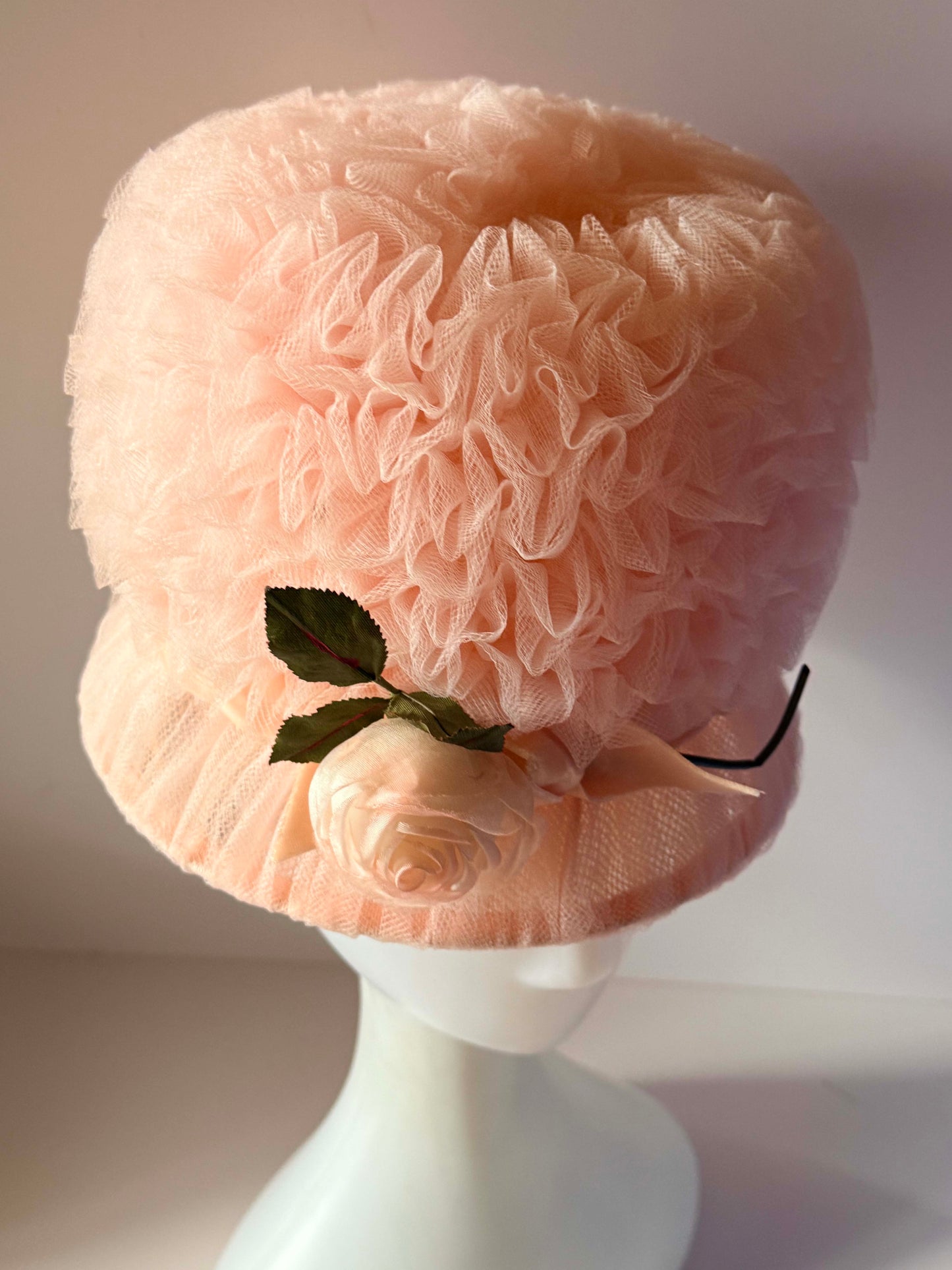 Vintage Clover Lane Pink Tulle Cloche Hat | Blush Ruffle Bucket Hat with Satin Rose | 1980s Romantic Occasion Hat