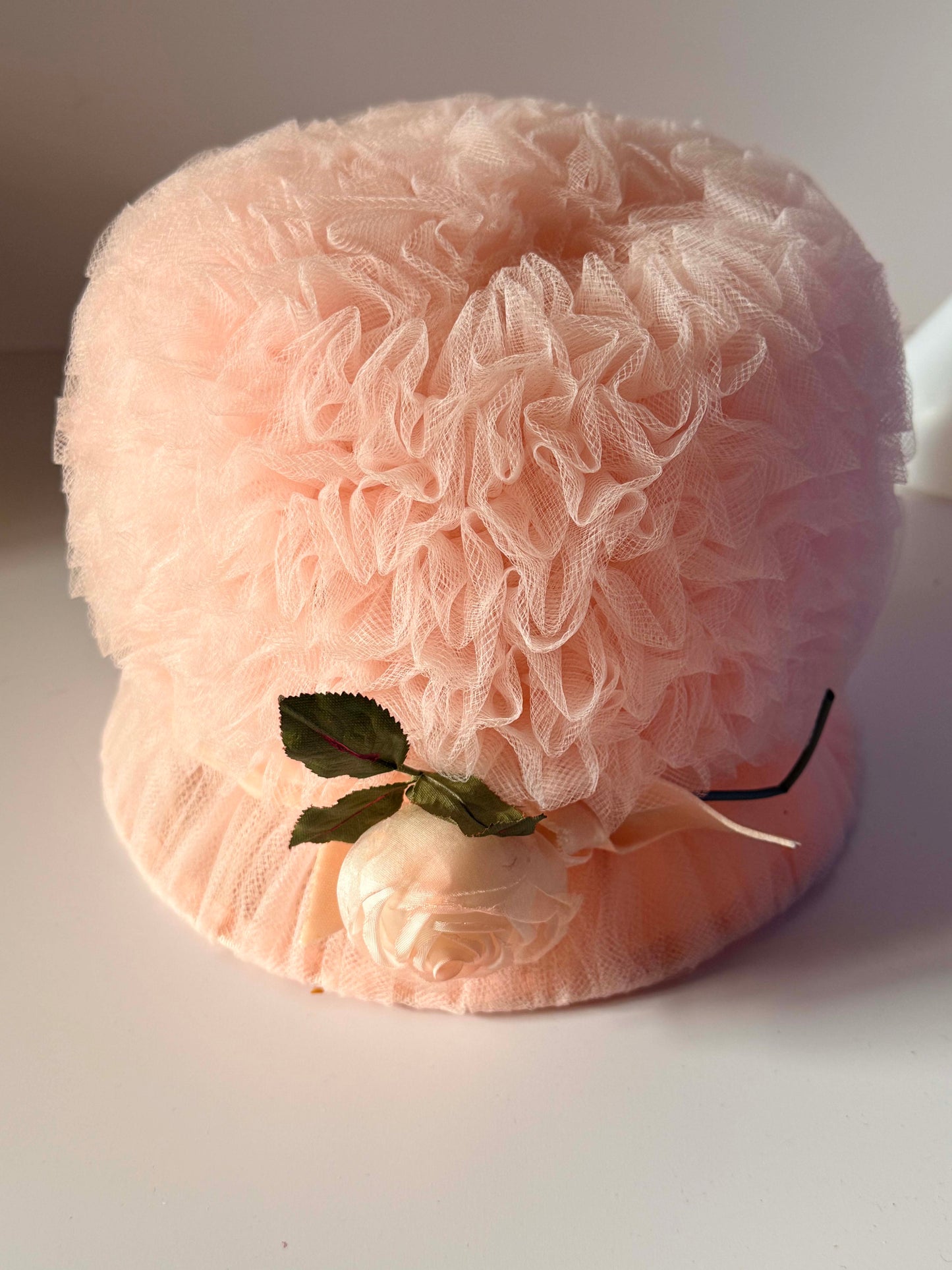 Vintage Clover Lane Pink Tulle Cloche Hat | Blush Ruffle Bucket Hat with Satin Rose | 1980s Romantic Occasion Hat