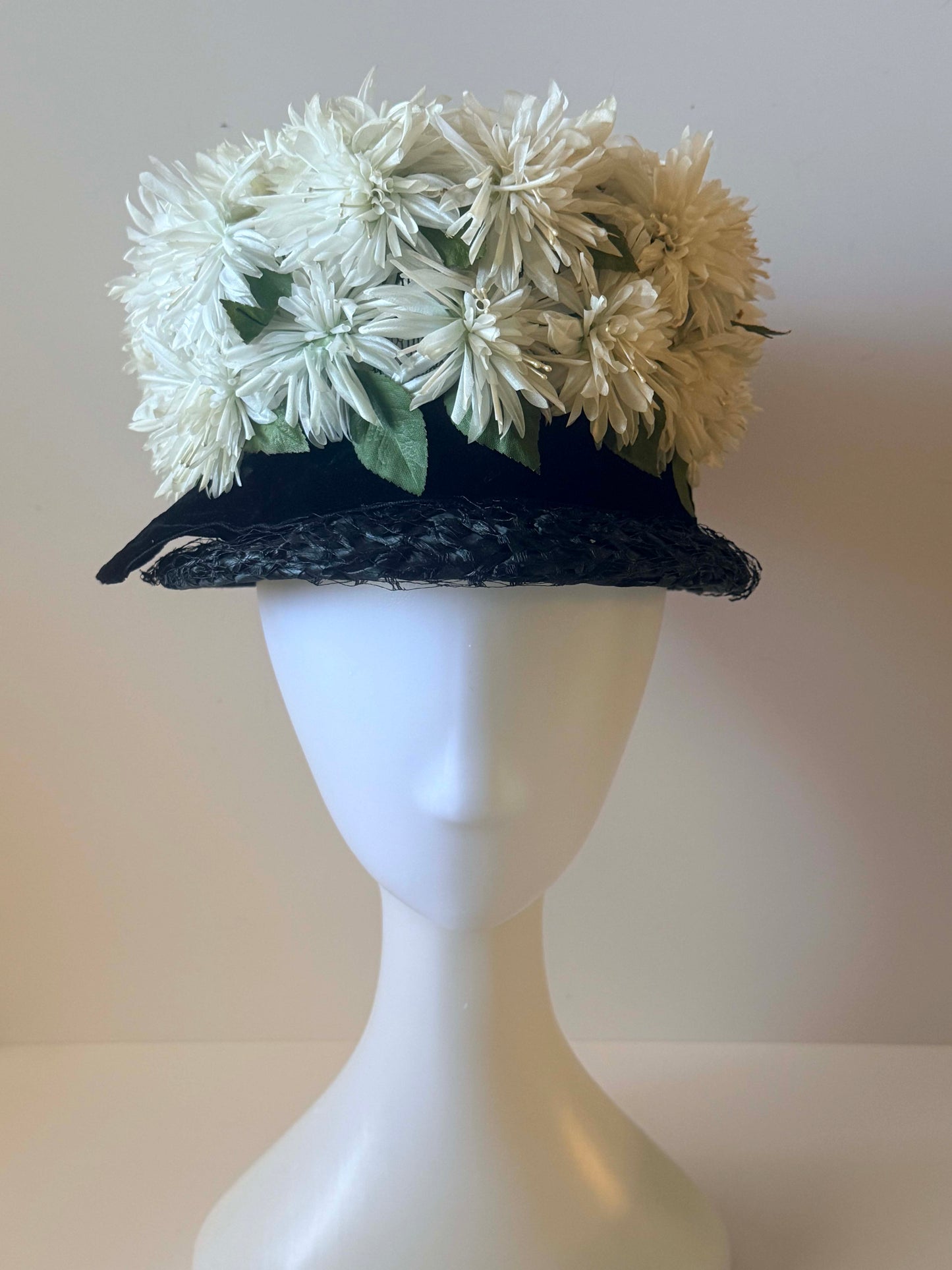 Vintage 1950s HC Prange Co Millinery Floral Bucket Hat – Black Straw with White Chrysanthemum Crown – Garden Party Statement Hat