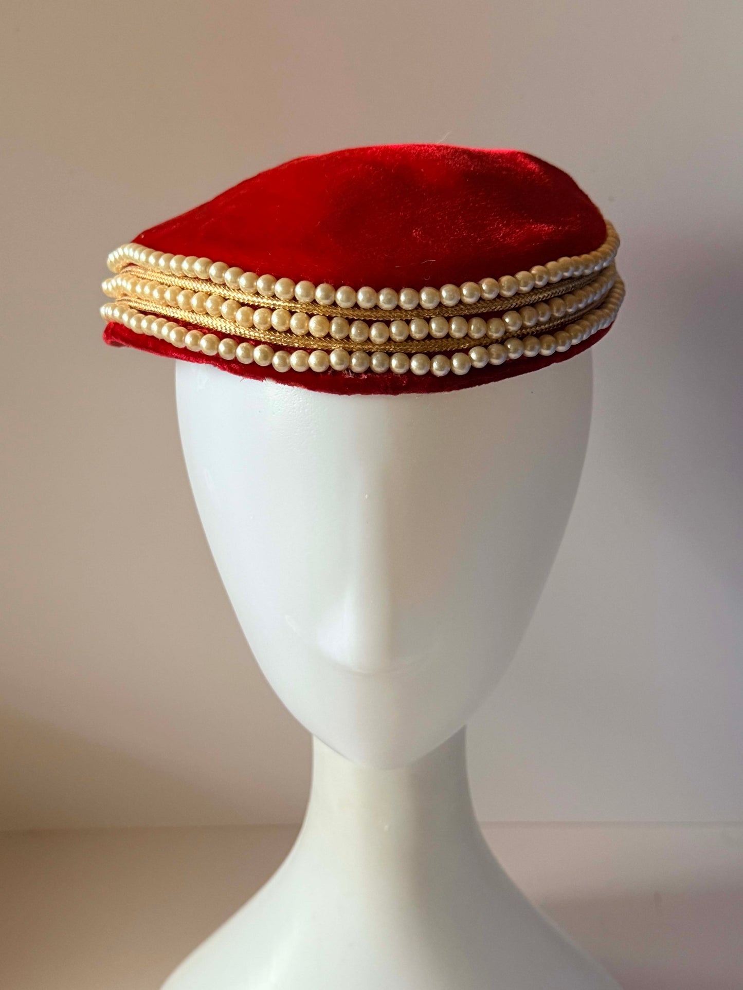 Vintage Caroline Red Velvet Pillbox Hat | Pearl Trim Cocktail Hat | 1960s Designer Hat | Holiday &amp; Wedding Millinery