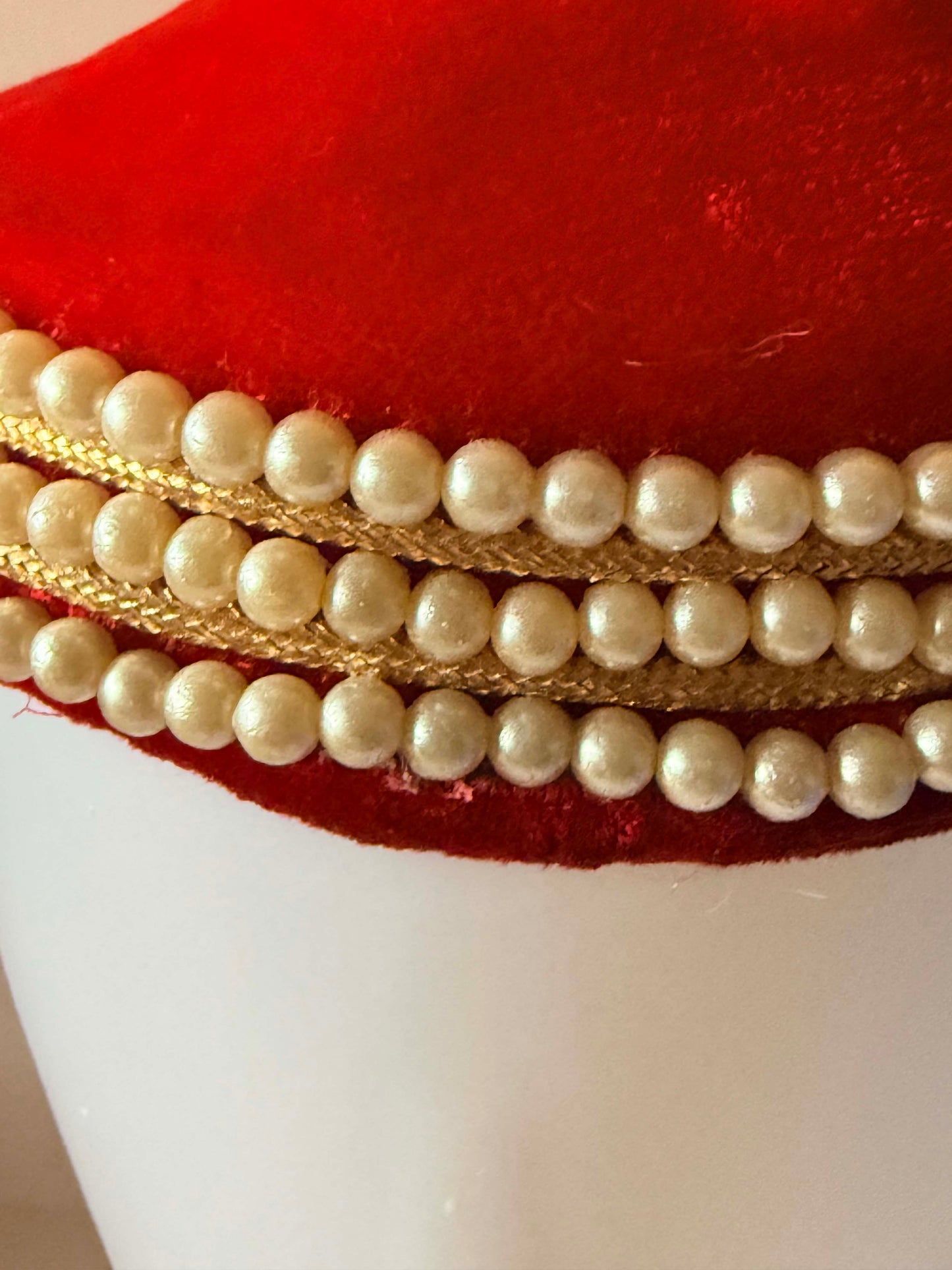 Vintage Caroline Red Velvet Pillbox Hat | Pearl Trim Cocktail Hat | 1960s Designer Hat | Holiday &amp; Wedding Millinery