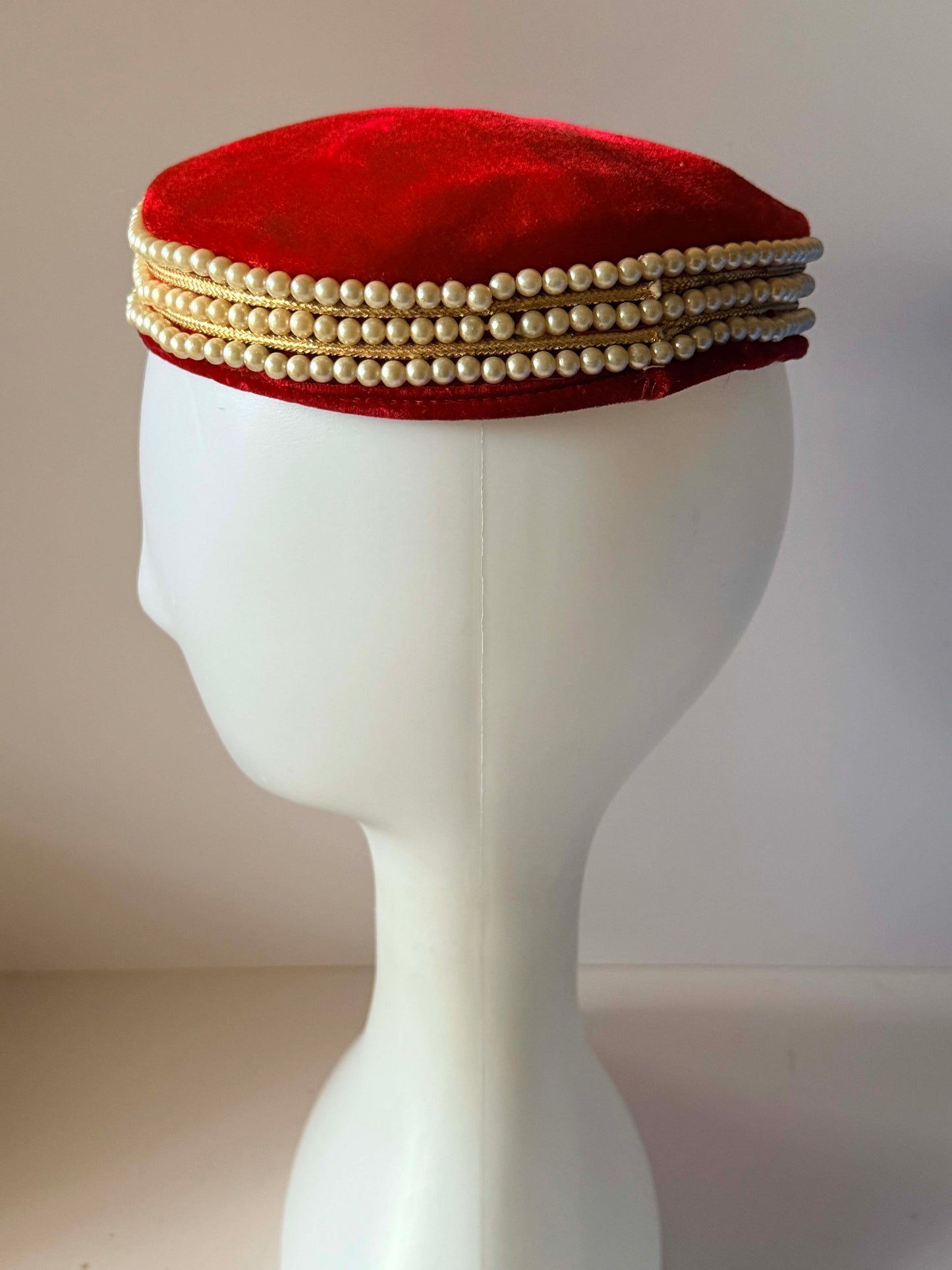 Vintage Caroline Red Velvet Pillbox Hat | Pearl Trim Cocktail Hat | 1960s Designer Hat | Holiday &amp; Wedding Millinery