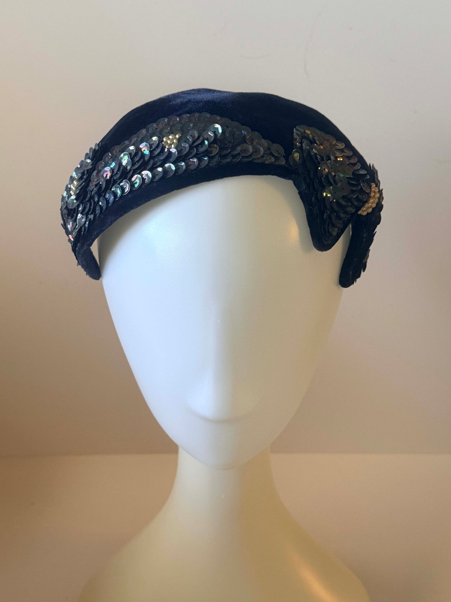 Vintage 1950s Black Velvet Sequin Cocktail Hat – Sculptural Open Crown with Iridescent Beaded Accents – Mid Century Statement Headpiece