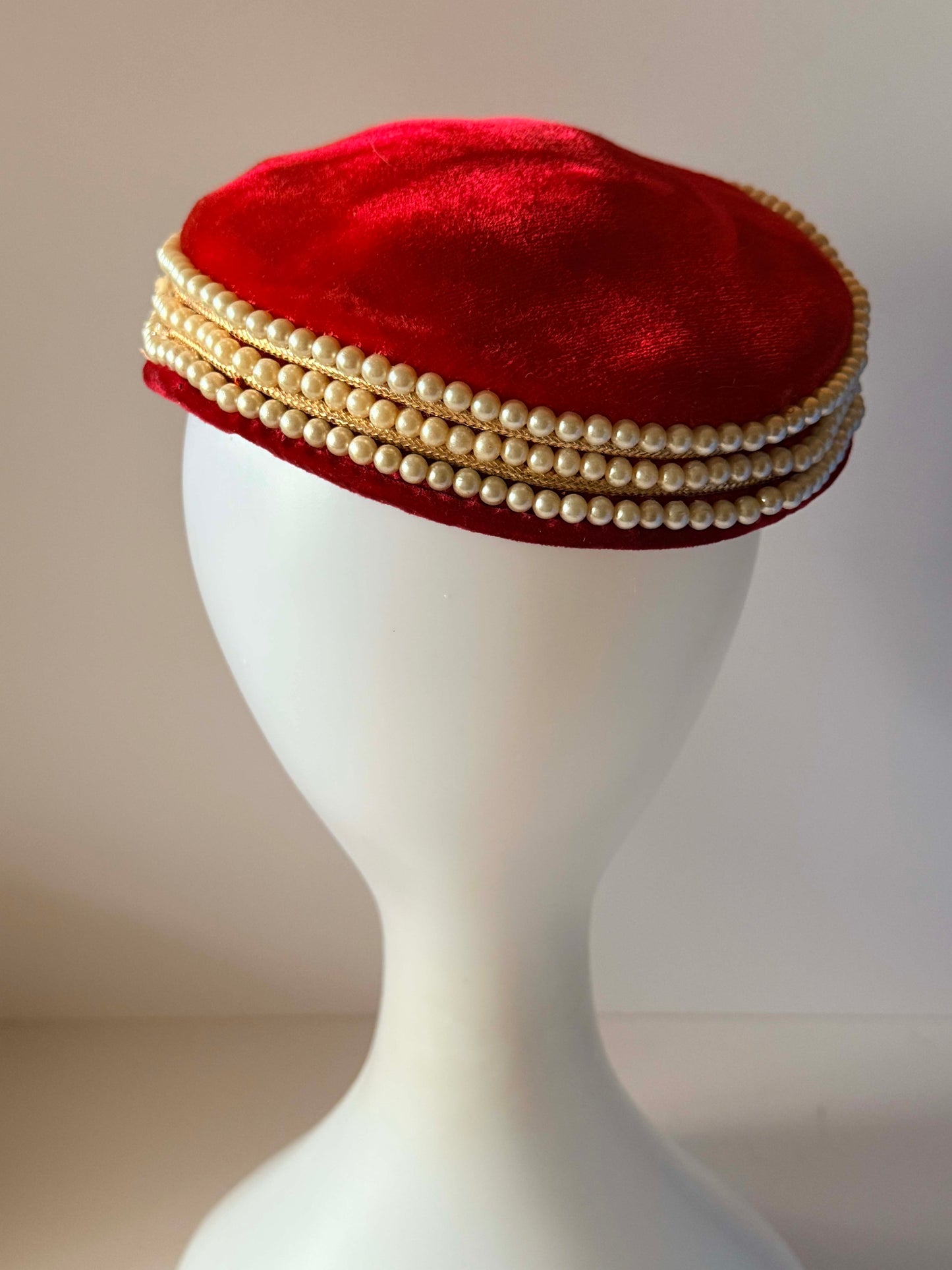Vintage Caroline Red Velvet Pillbox Hat | Pearl Trim Cocktail Hat | 1960s Designer Hat | Holiday &amp; Wedding Millinery