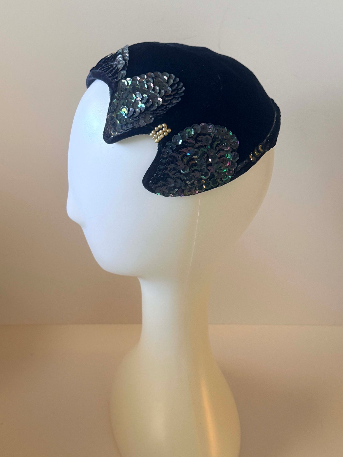 Vintage 1950s Black Velvet Sequin Cocktail Hat – Sculptural Open Crown with Iridescent Beaded Accents – Mid Century Statement Headpiece