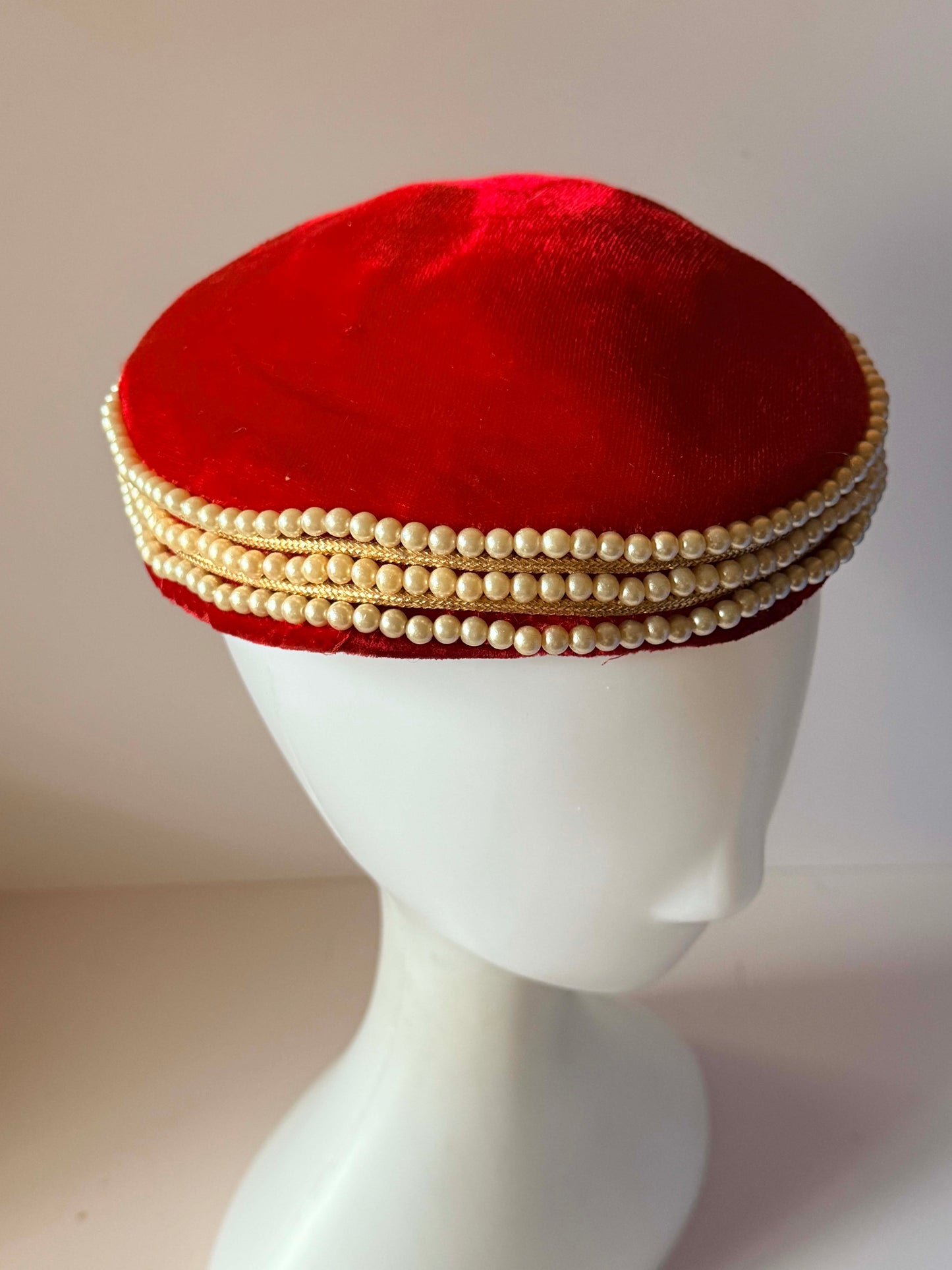 Vintage Caroline Red Velvet Pillbox Hat | Pearl Trim Cocktail Hat | 1960s Designer Hat | Holiday &amp; Wedding Millinery