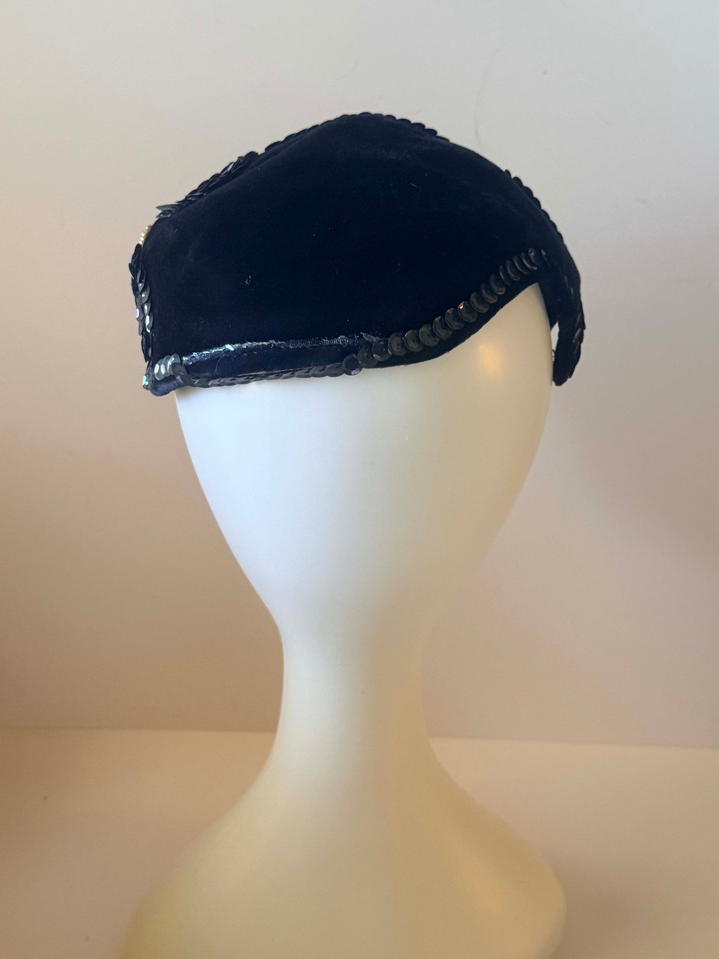 Vintage 1950s Black Velvet Sequin Cocktail Hat – Sculptural Open Crown with Iridescent Beaded Accents – Mid Century Statement Headpiece