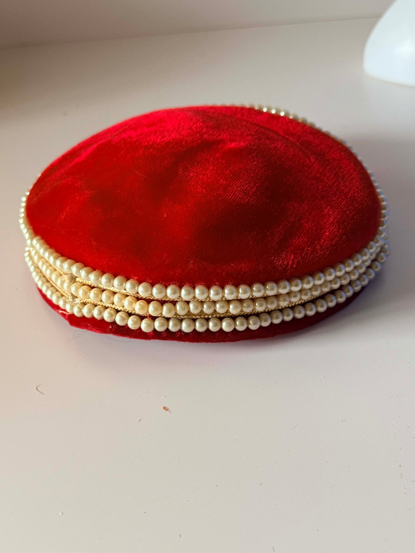 Vintage Caroline Red Velvet Pillbox Hat | Pearl Trim Cocktail Hat | 1960s Designer Hat | Holiday &amp; Wedding Millinery