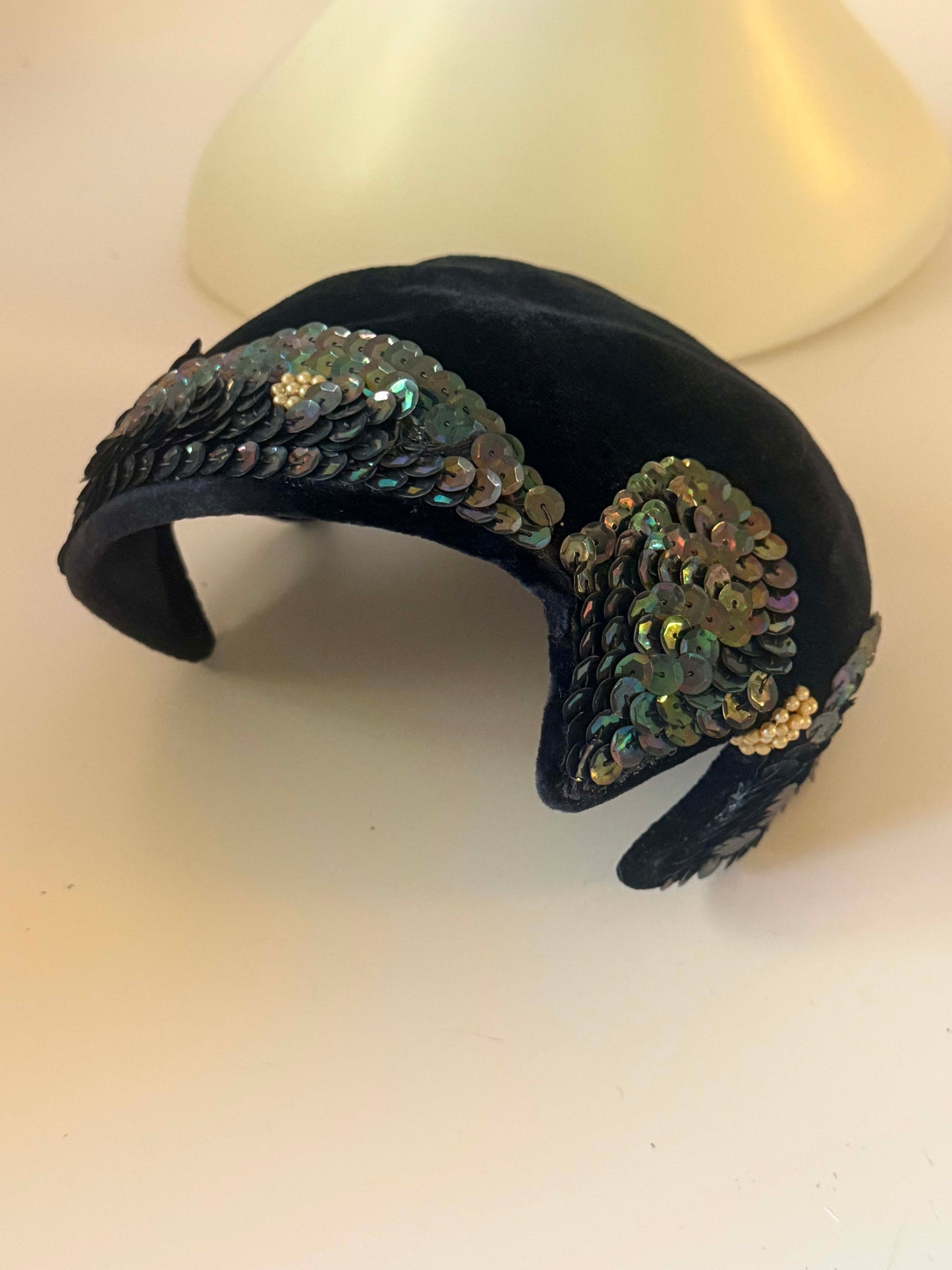 Vintage 1950s Black Velvet Sequin Cocktail Hat – Sculptural Open Crown with Iridescent Beaded Accents – Mid Century Statement Headpiece