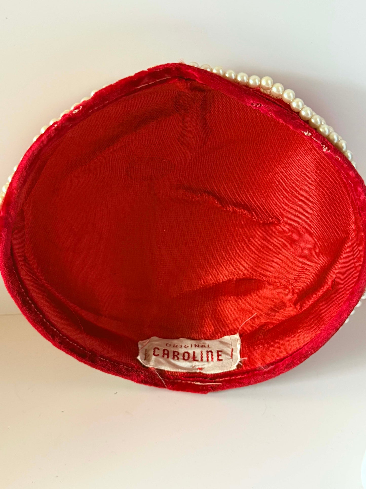 Vintage Caroline Red Velvet Pillbox Hat | Pearl Trim Cocktail Hat | 1960s Designer Hat | Holiday &amp; Wedding Millinery