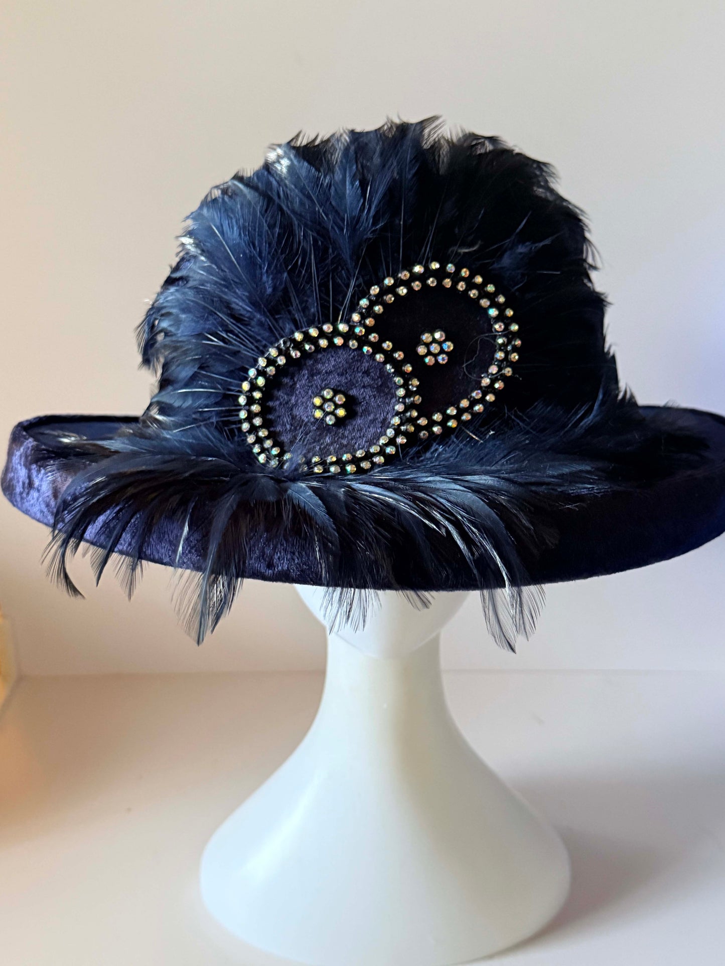 Vintage Mr. Hi’s Navy Blue Velvet Feather Hat Rhinestone Wide Brim Formal Church Derby Statement Hat