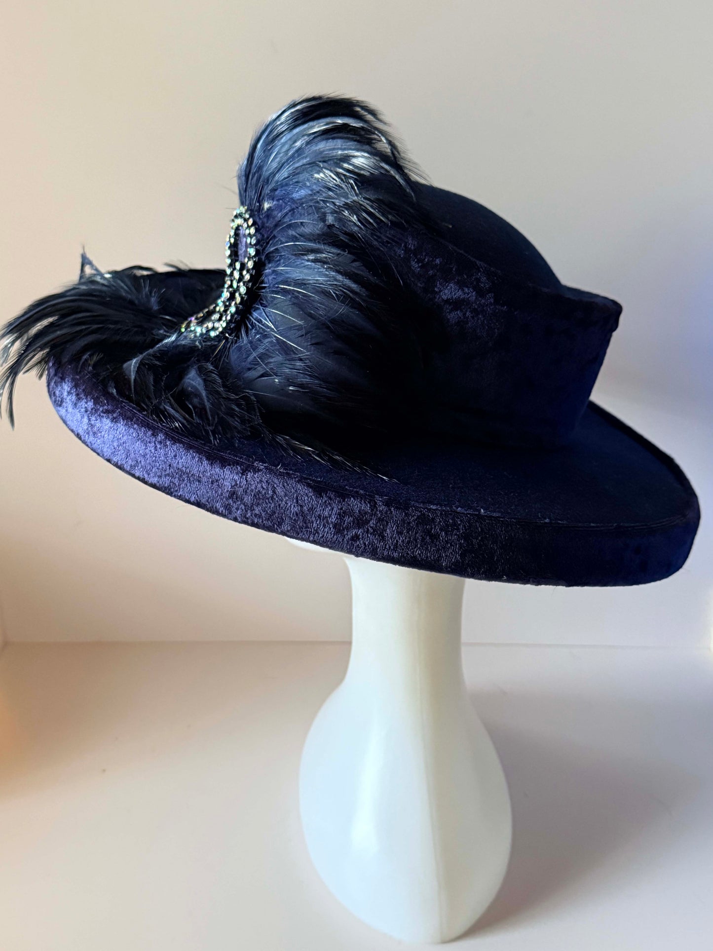 Vintage Mr. Hi’s Navy Blue Velvet Feather Hat Rhinestone Wide Brim Formal Church Derby Statement Hat