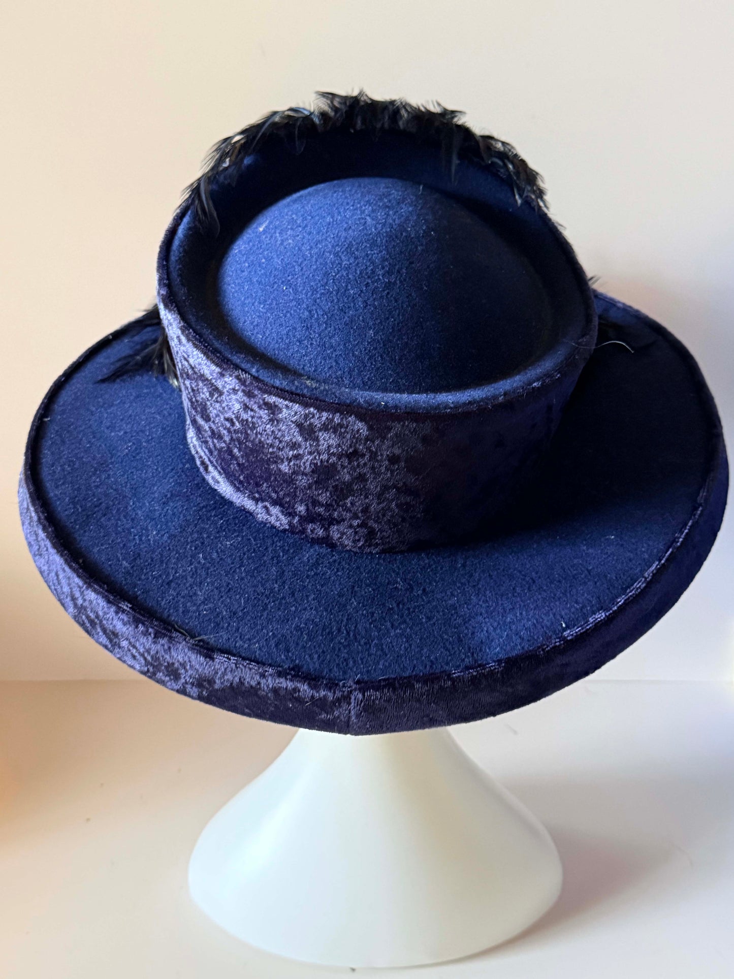Vintage Mr. Hi’s Navy Blue Velvet Feather Hat Rhinestone Wide Brim Formal Church Derby Statement Hat
