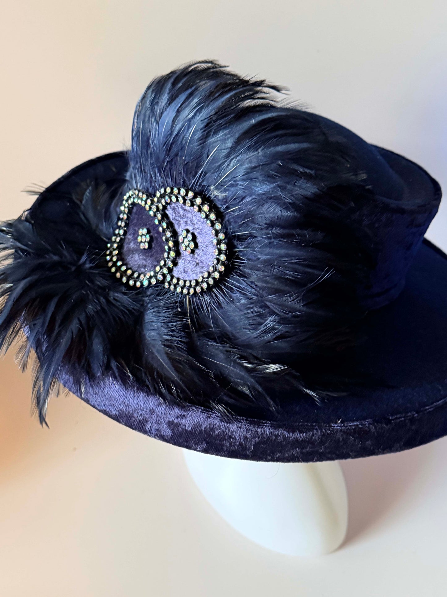 Vintage Mr. Hi’s Navy Blue Velvet Feather Hat Rhinestone Wide Brim Formal Church Derby Statement Hat