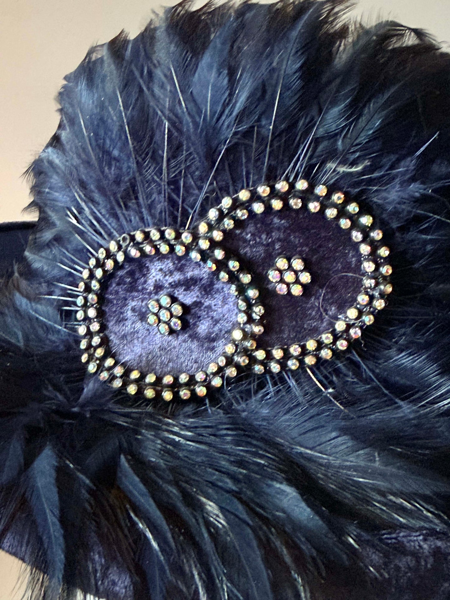 Vintage Mr. Hi’s Navy Blue Velvet Feather Hat Rhinestone Wide Brim Formal Church Derby Statement Hat