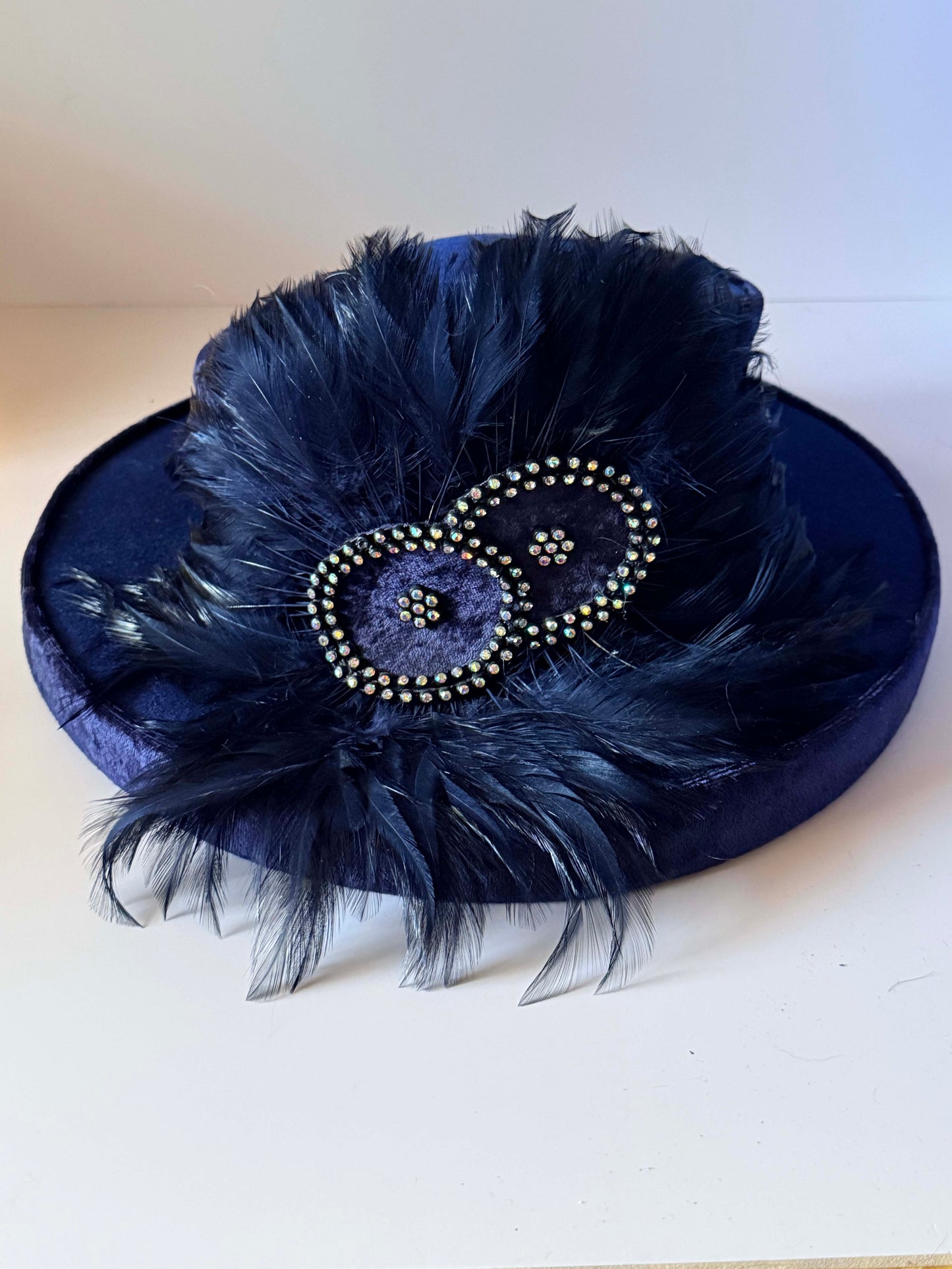 Vintage Mr. Hi’s Navy Blue Velvet Feather Hat Rhinestone Wide Brim Formal Church Derby Statement Hat