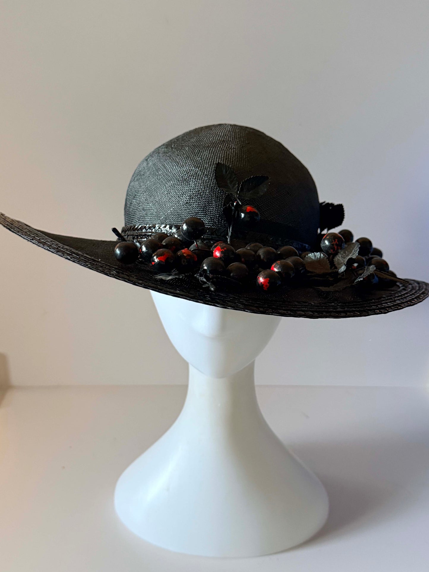 Vintage Adolfo II Black Wide Brim Hat 1970s | Designer Berry Trim Picture Hat | New York Paris Millinery