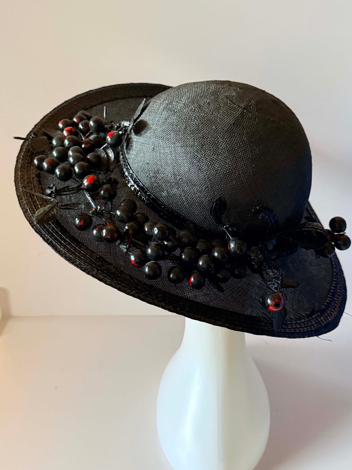 Vintage Adolfo II Black Wide Brim Hat 1970s | Designer Berry Trim Picture Hat | New York Paris Millinery