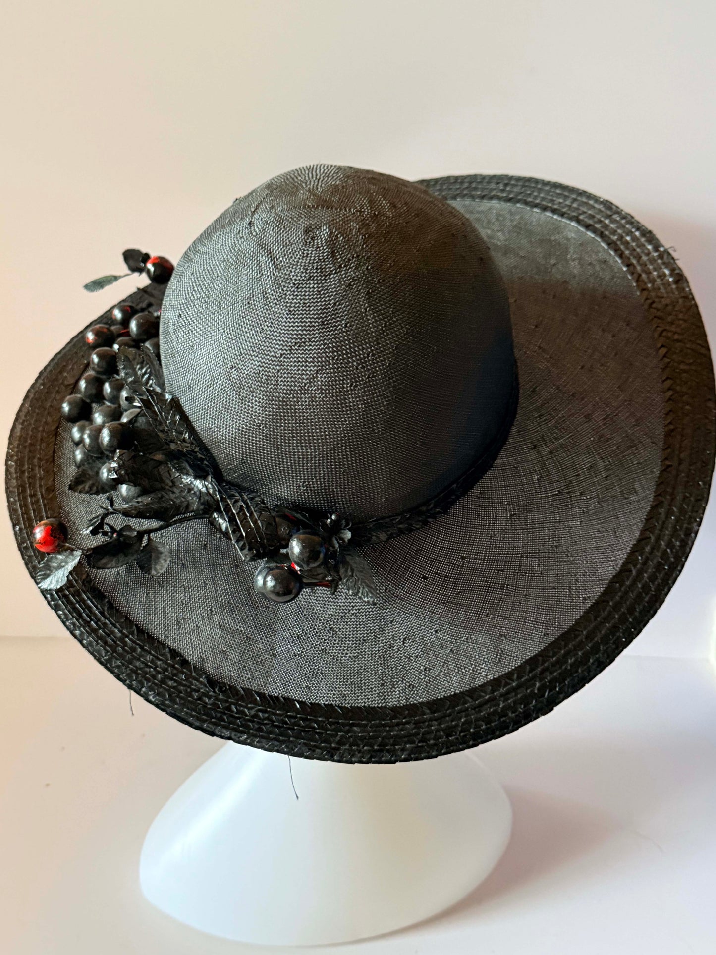 Vintage Adolfo II Black Wide Brim Hat 1970s | Designer Berry Trim Picture Hat | New York Paris Millinery