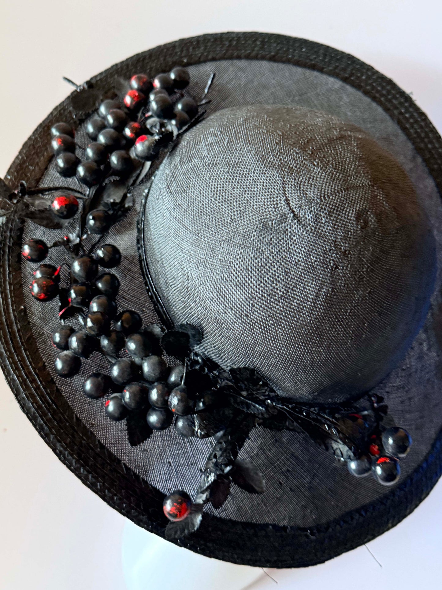 Vintage Adolfo II Black Wide Brim Hat 1970s | Designer Berry Trim Picture Hat | New York Paris Millinery