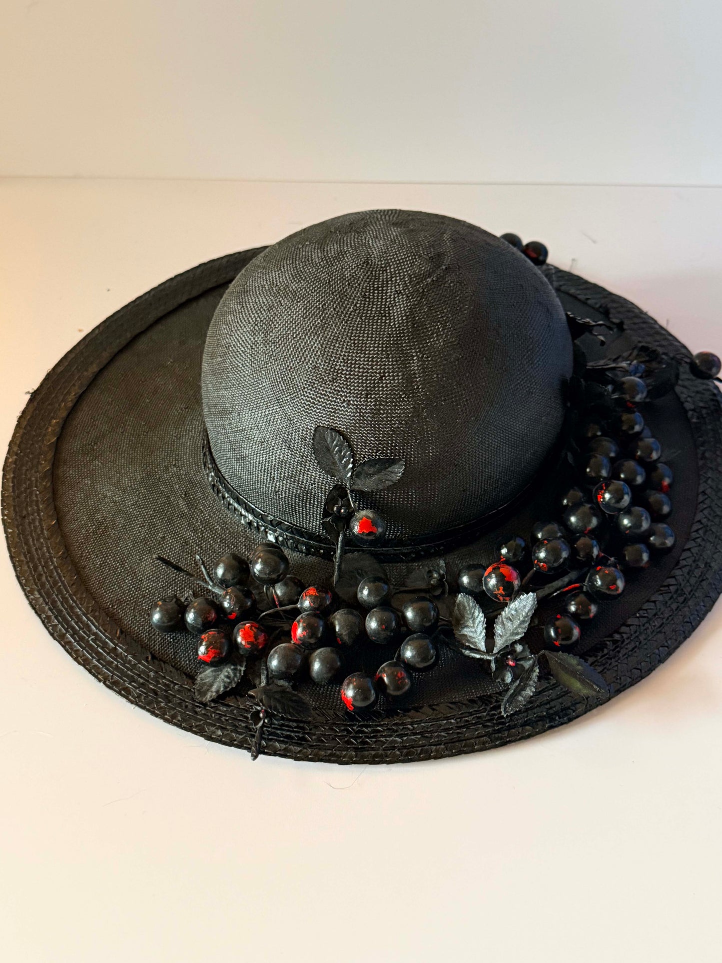 Vintage Adolfo II Black Wide Brim Hat 1970s | Designer Berry Trim Picture Hat | New York Paris Millinery