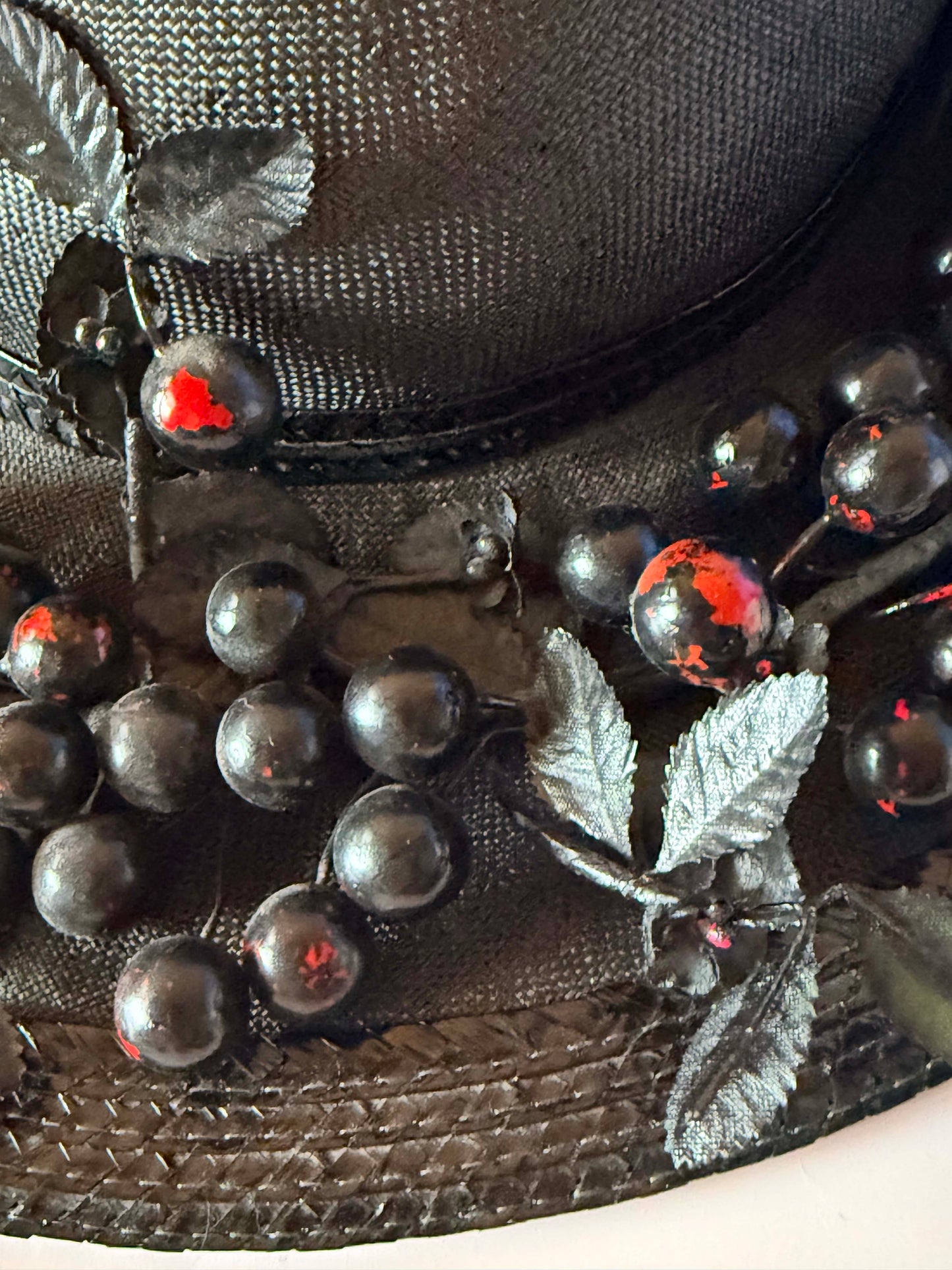 Vintage Adolfo II Black Wide Brim Hat 1970s | Designer Berry Trim Picture Hat | New York Paris Millinery